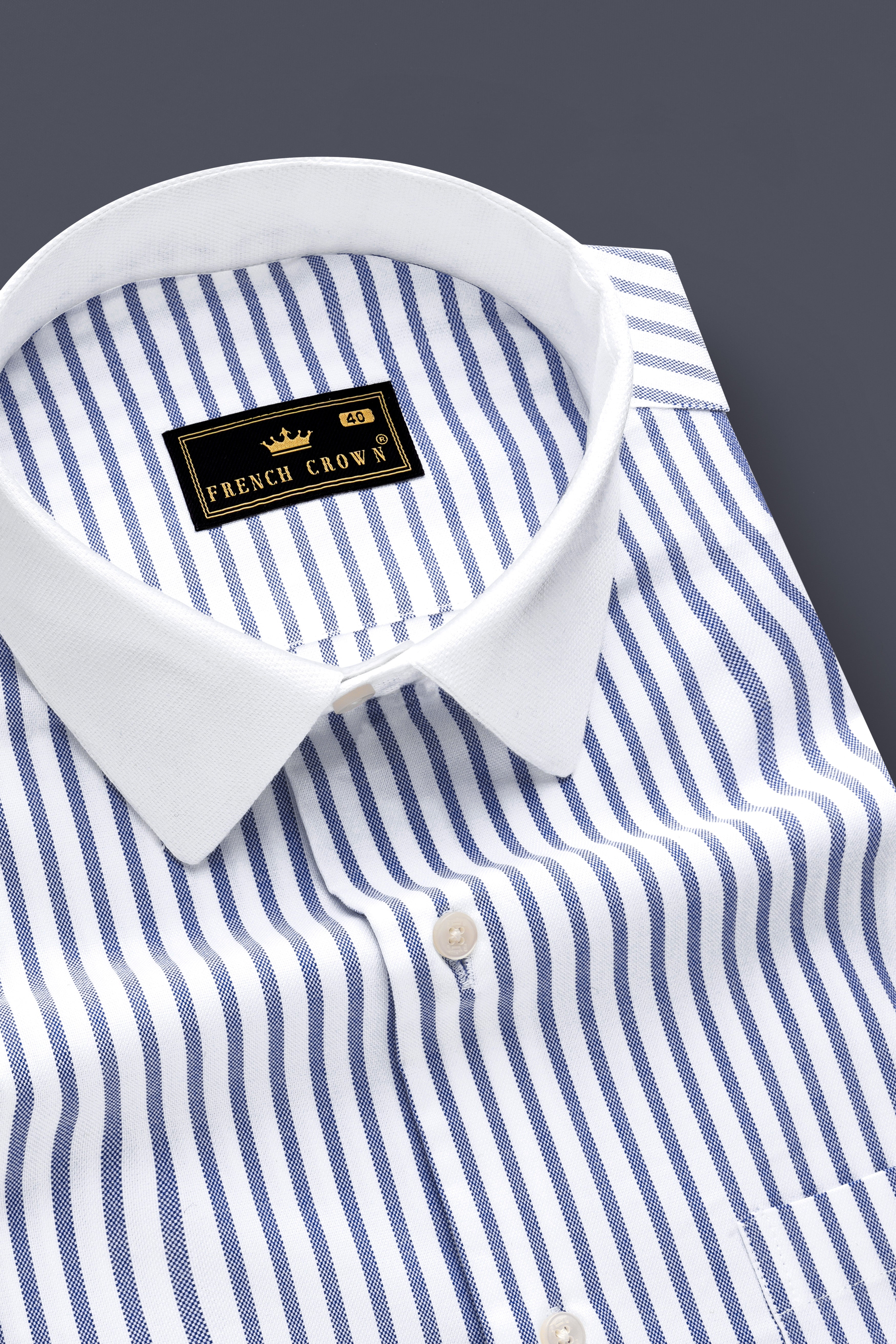 Cosmic-Bright White And Astronaut Blue Striped Dobby Textured Premium Giza Cotton Dress Shirt