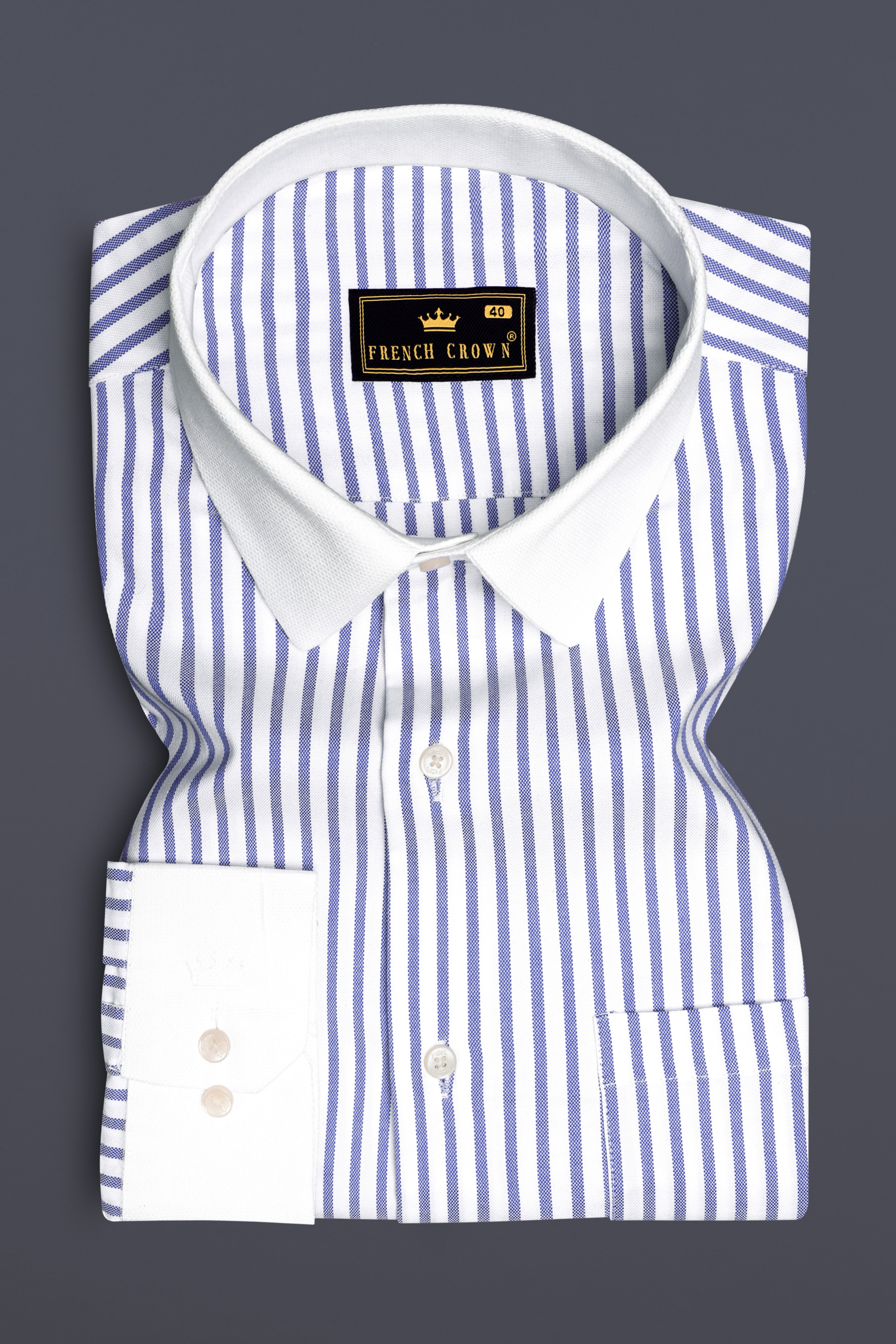 Cosmic-Bright White And Astronaut Blue Striped Dobby Textured Premium Giza Cotton Dress Shirt