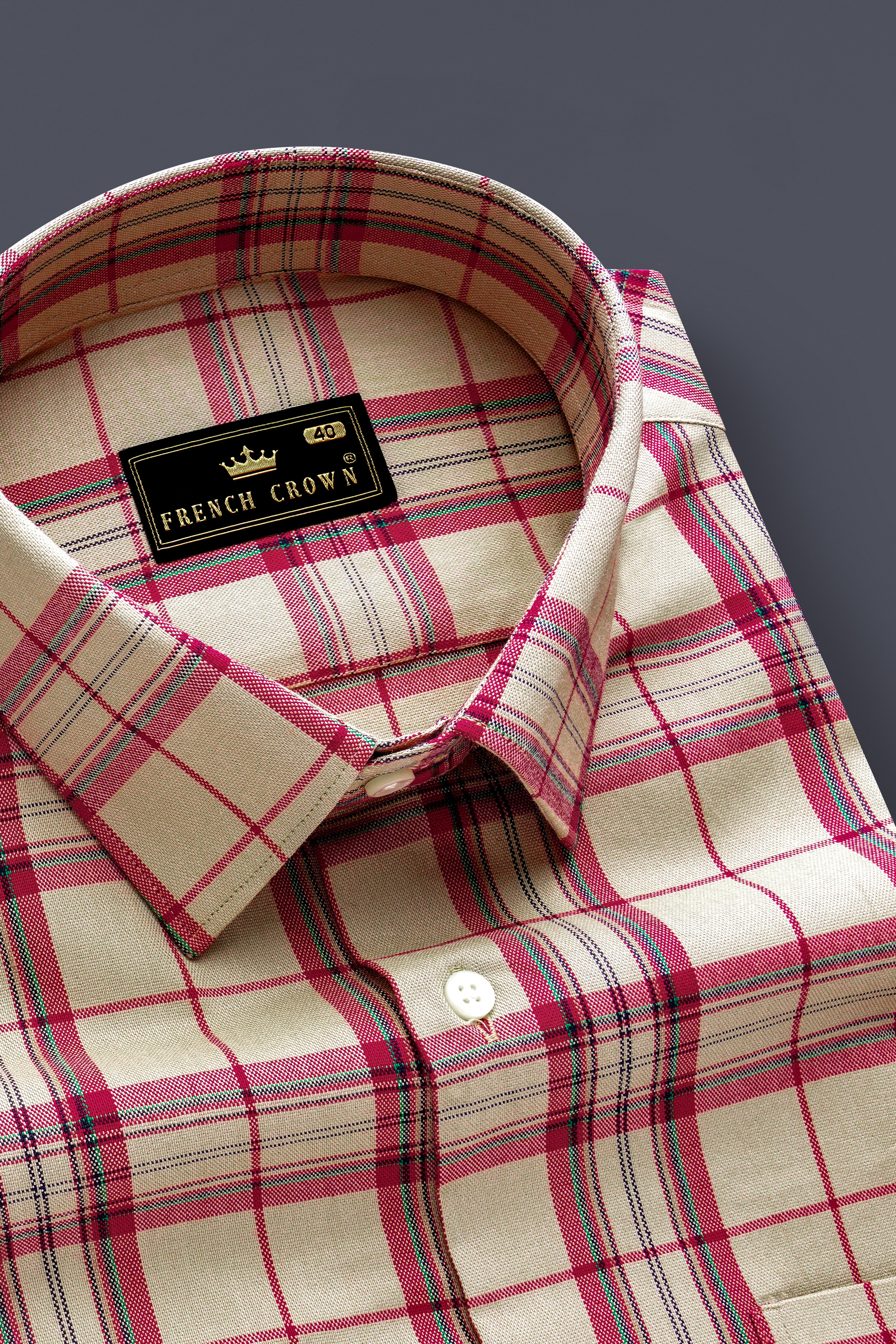 Spring Cream And Brick Red Plaid Oxford Premium Cotton Semi Formal Designer Shirt