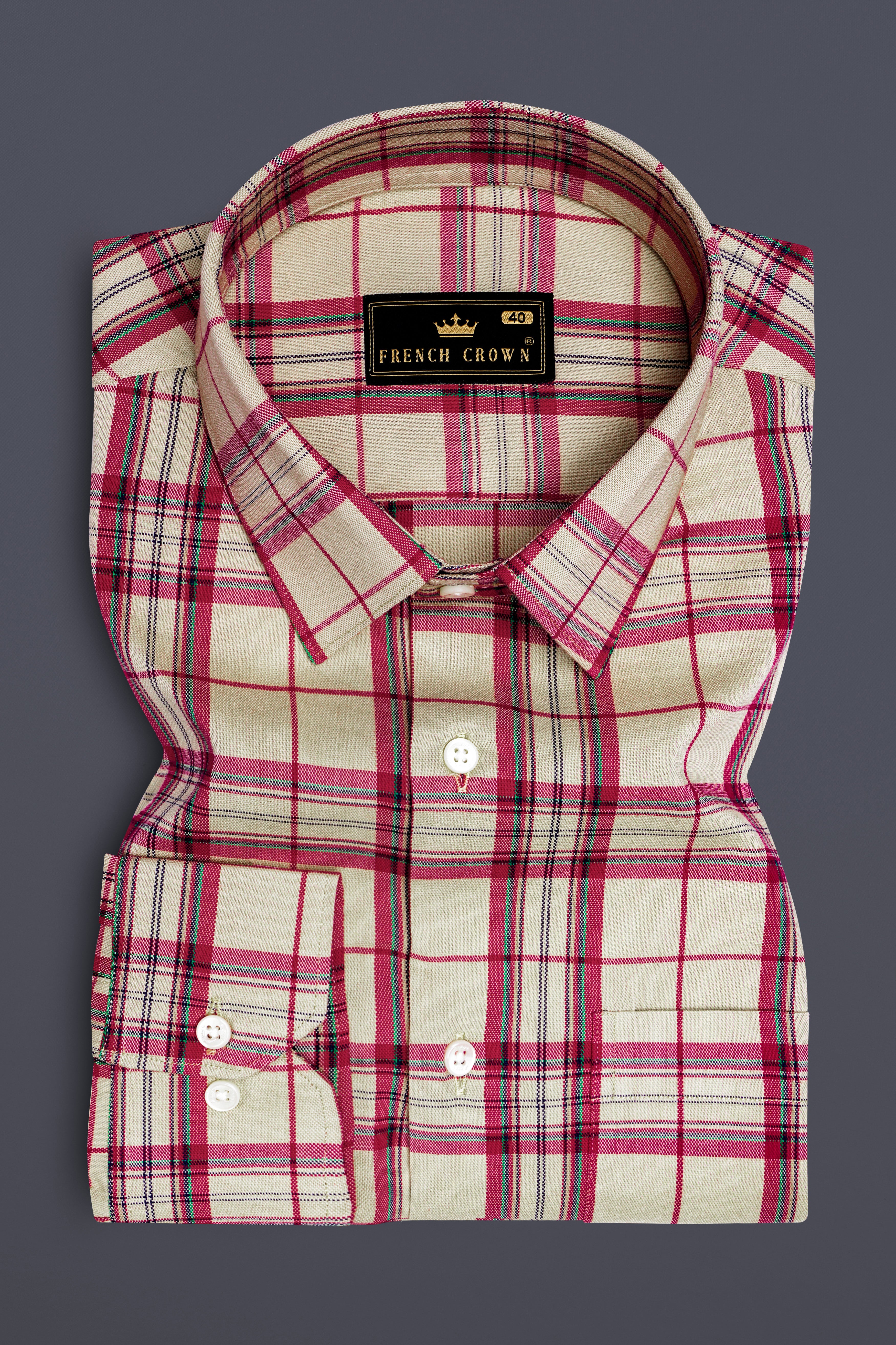 Spring Cream And Brick Red Plaid Oxford Premium Cotton Semi Formal Designer Shirt