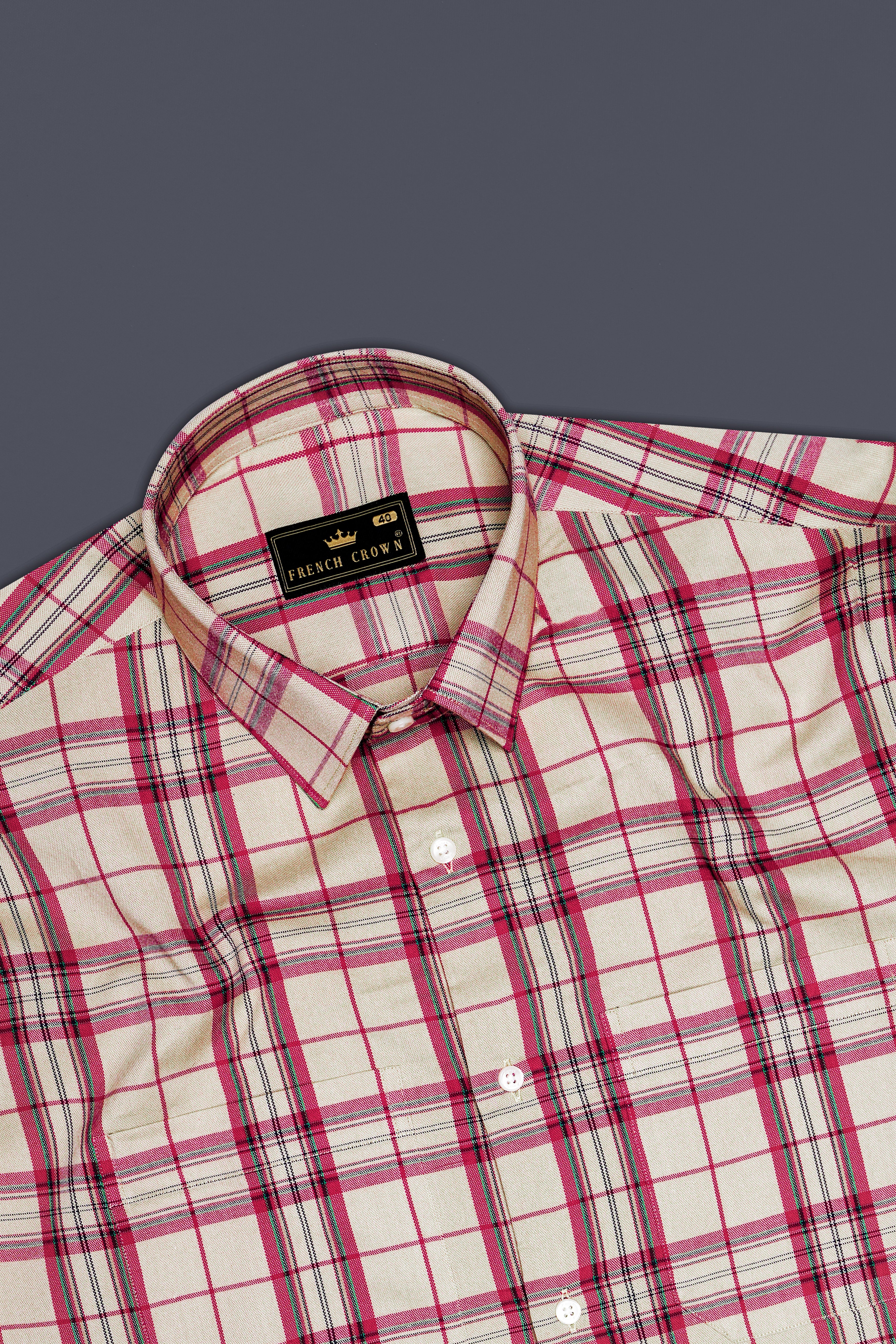 Spring Cream And Brick Red Plaid Oxford Premium Cotton Semi Formal Designer Shirt