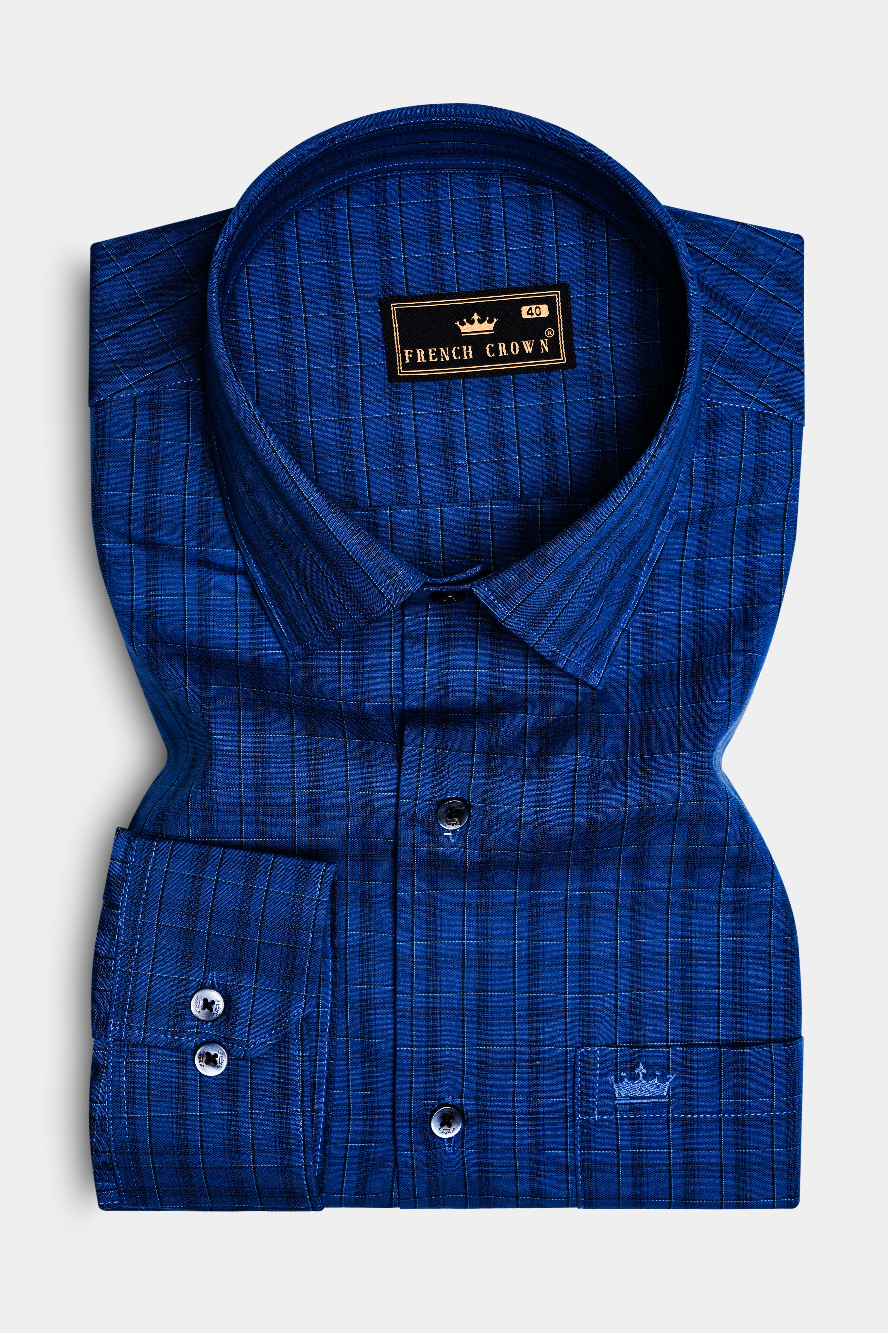 Dark Midnight Blue Plaid Poplin Giza Cotton Shirt