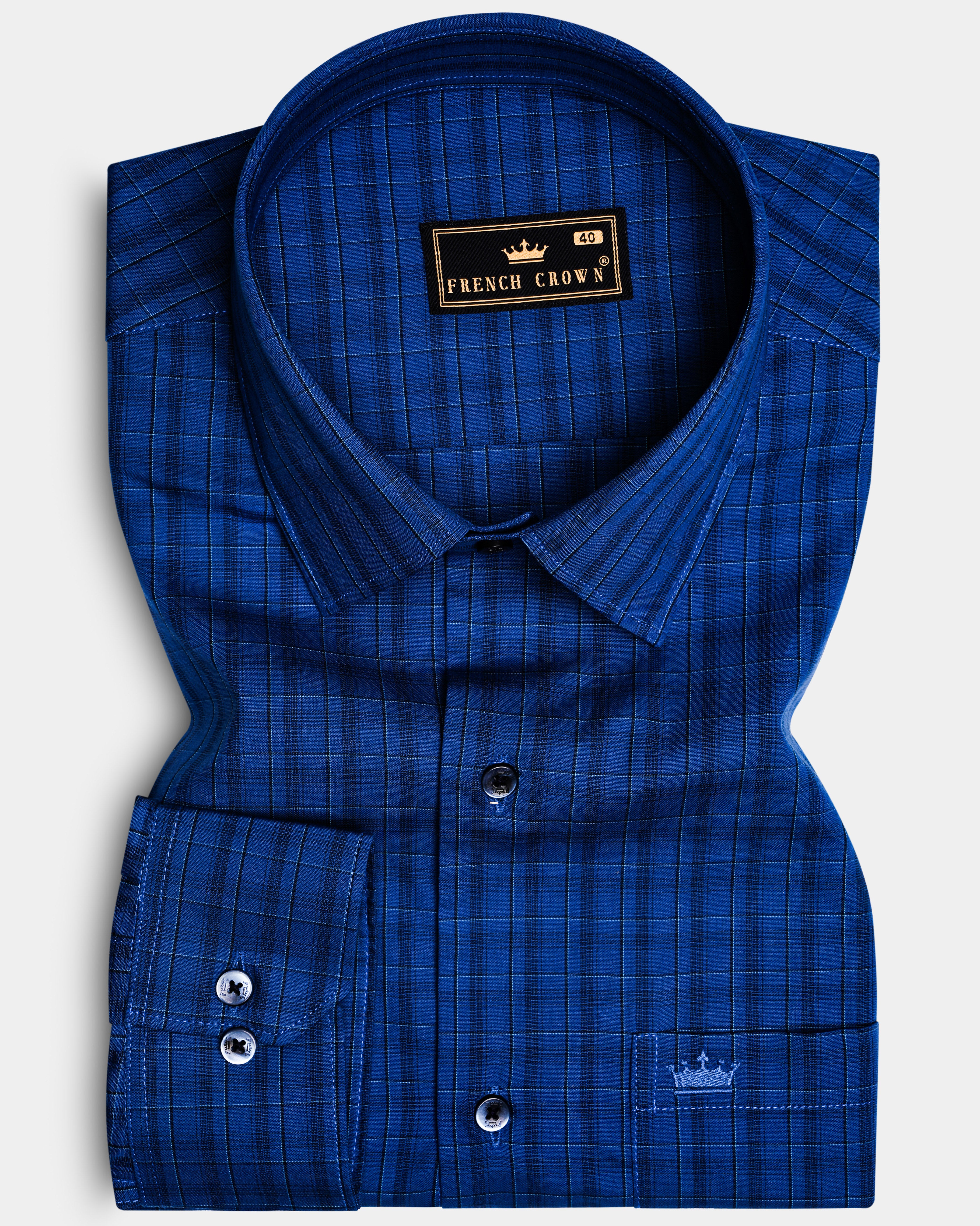 Dark Midnight Blue Plaid Poplin Giza Cotton Shirt
