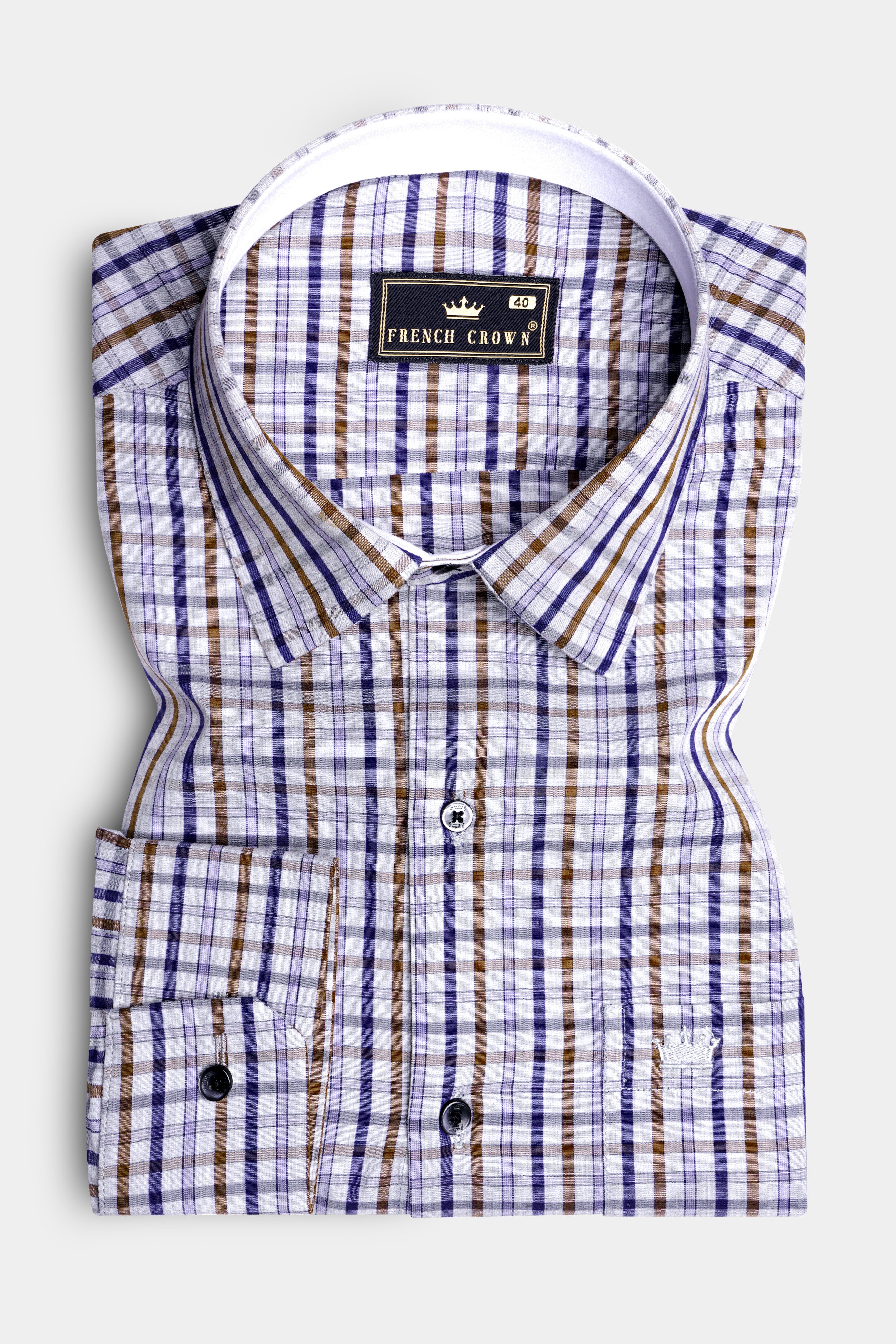 Platinum Grey with Purply Blue and Otter Brown Plaid Poplin Giza Cotton Shirt