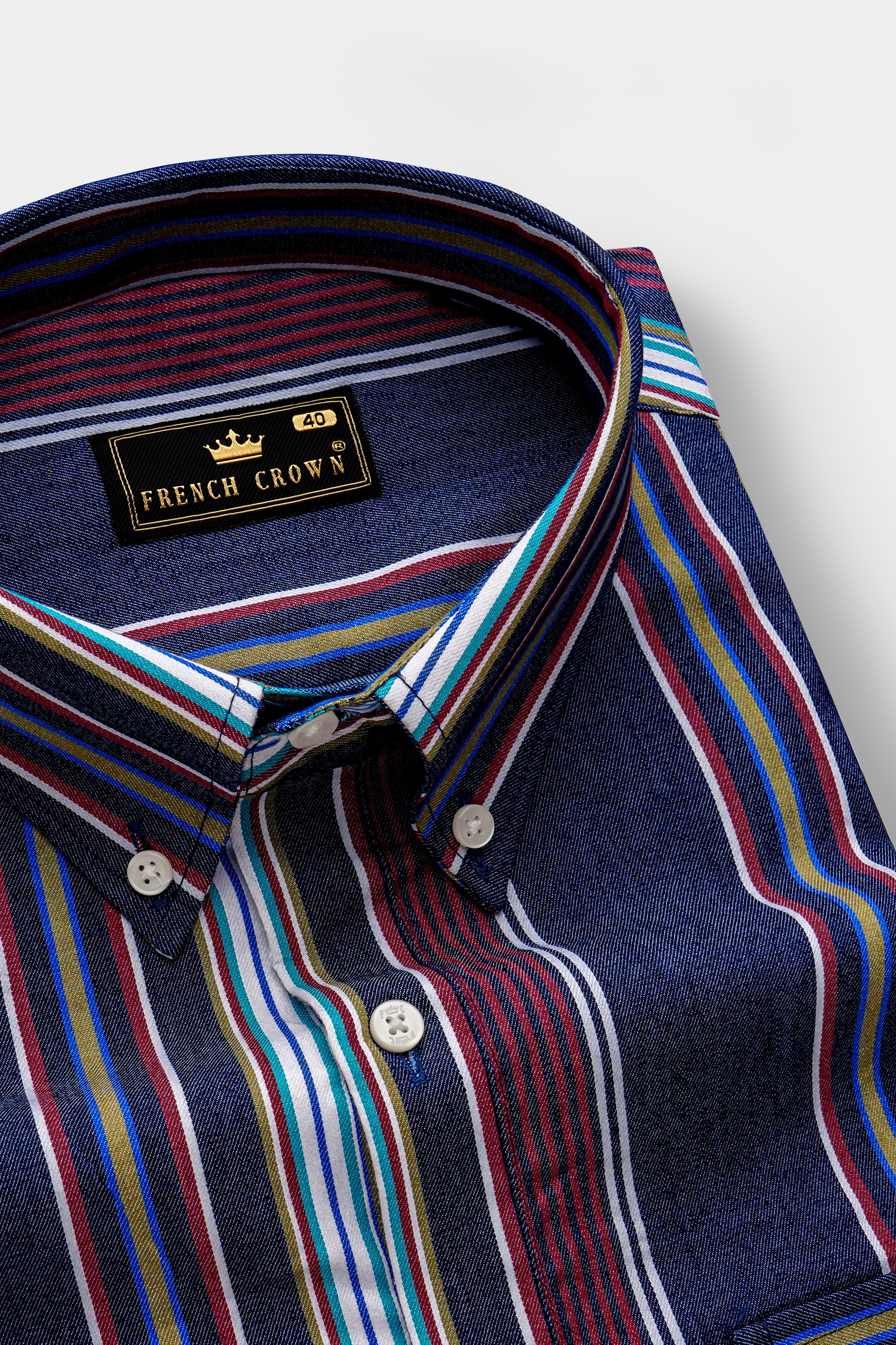 Midnight Blue And Bordeaux Red Multicoloured Striped Indigo Denim Casual Designer Shirt