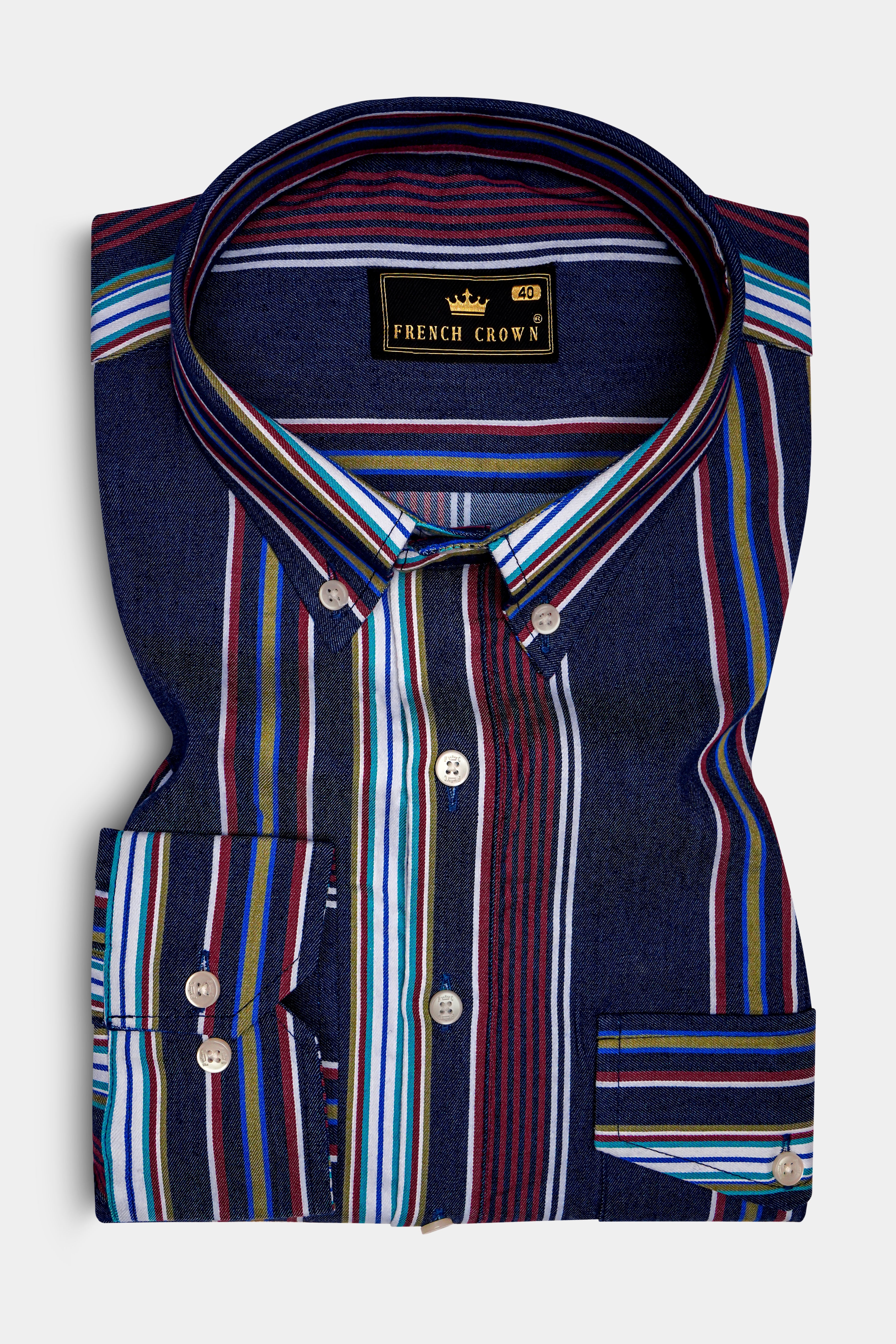 Midnight Blue And Bordeaux Red Multicoloured Striped Indigo Denim Casual Designer Shirt