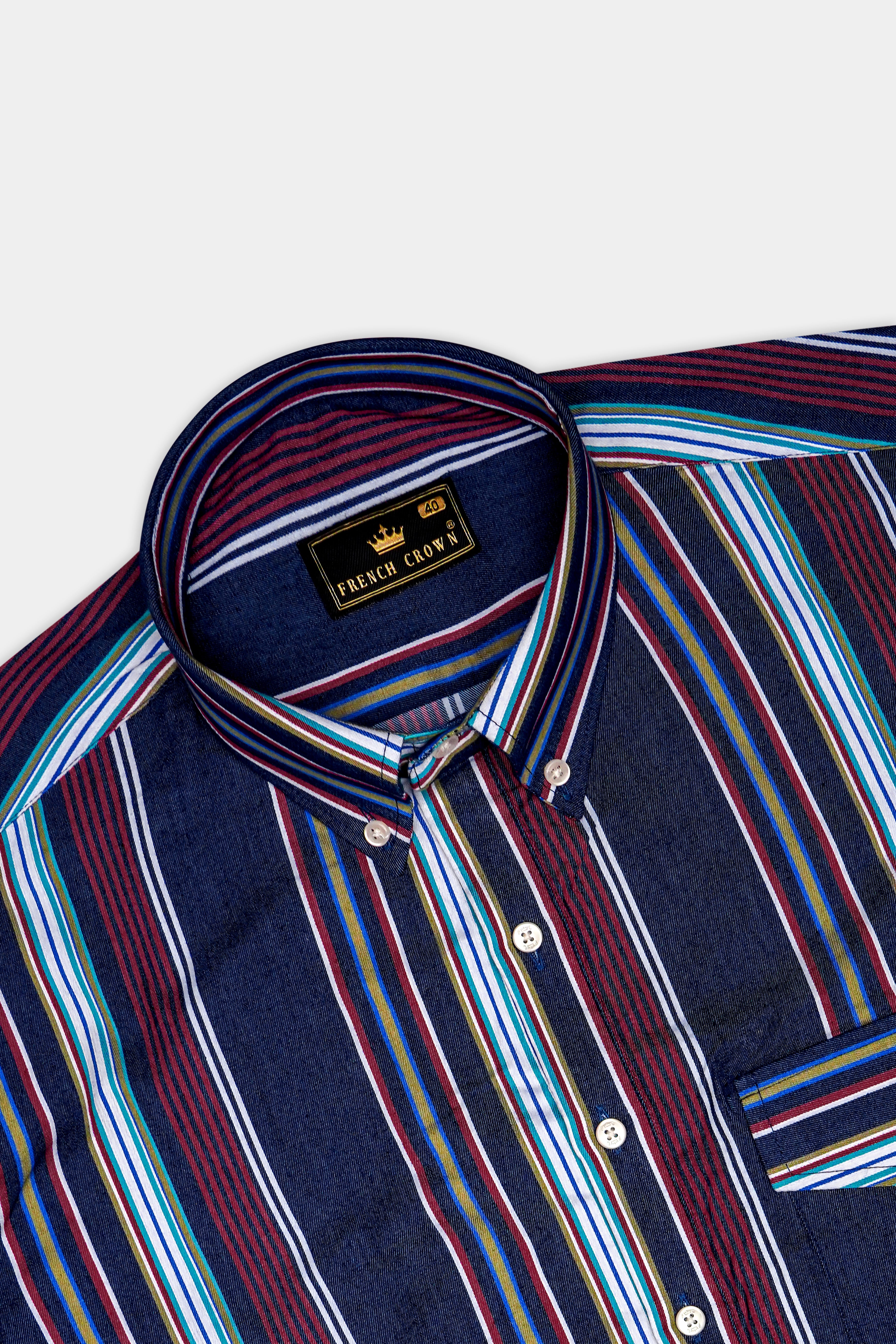 Midnight Blue And Bordeaux Red Multicoloured Striped Indigo Denim Casual Designer Shirt