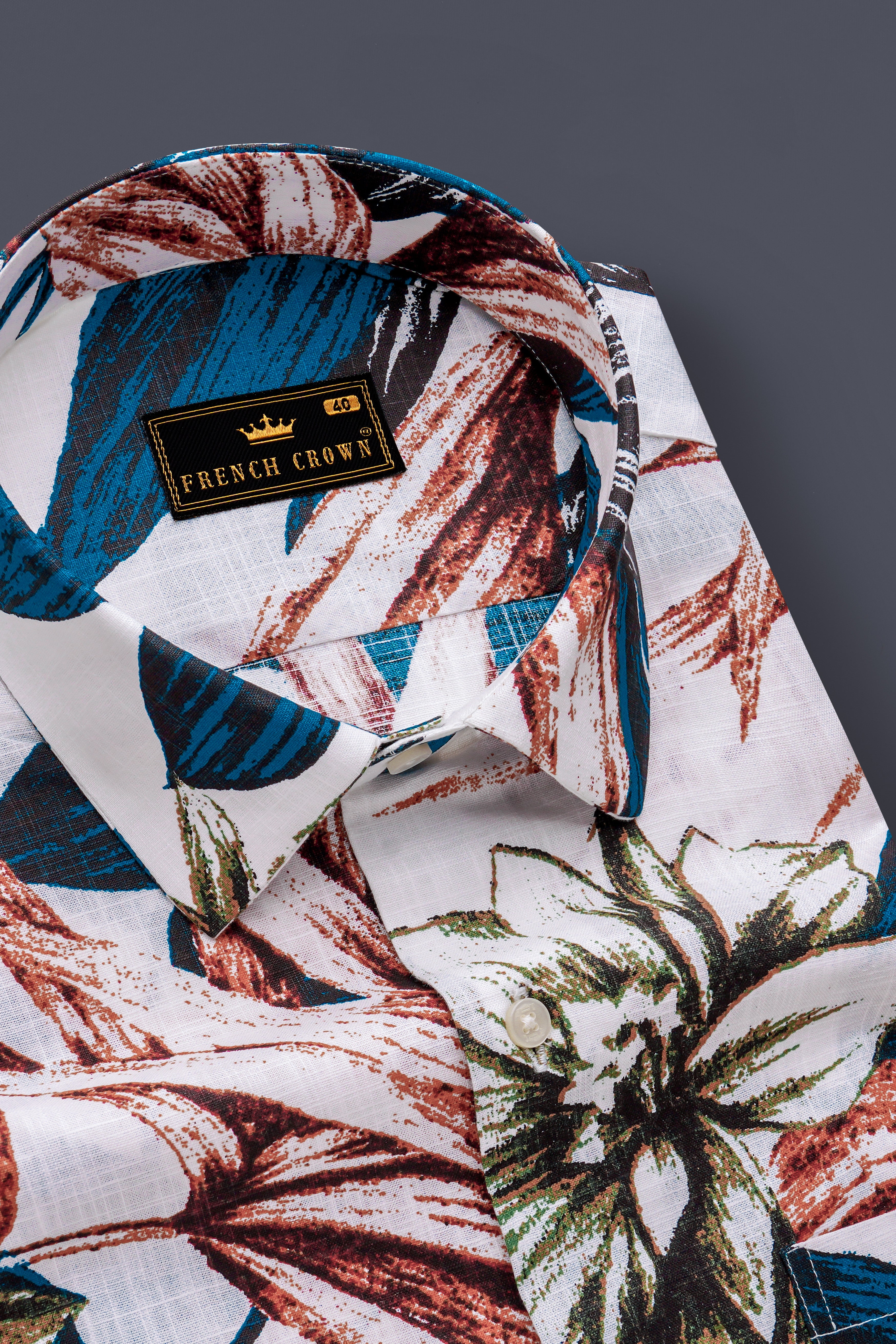 zafflora-Bright White And Bahama Blue Floral Printed Luxurious Linen Casual Shirt