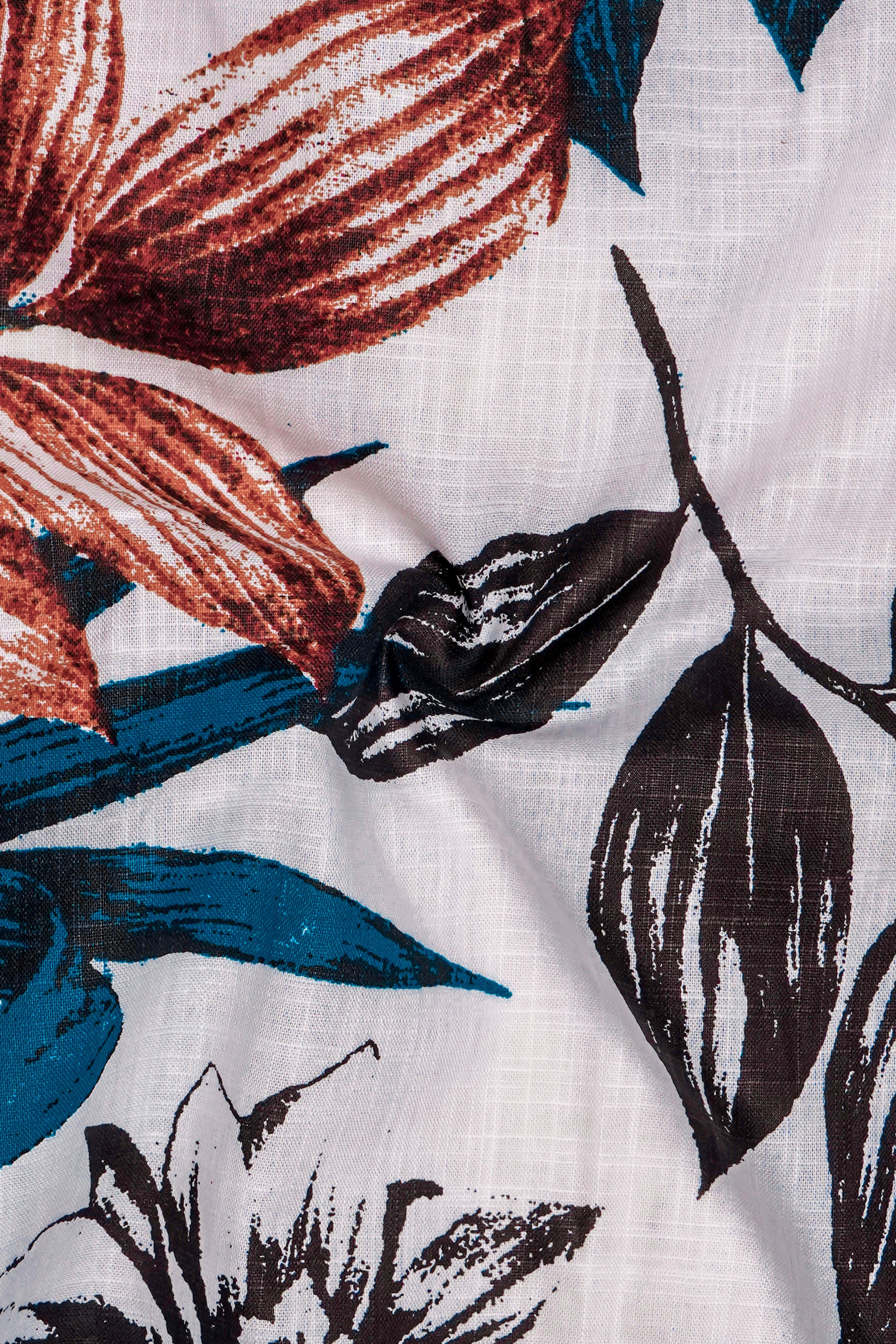 zafflora-Bright White And Bahama Blue Floral Printed Luxurious Linen Casual Shirt