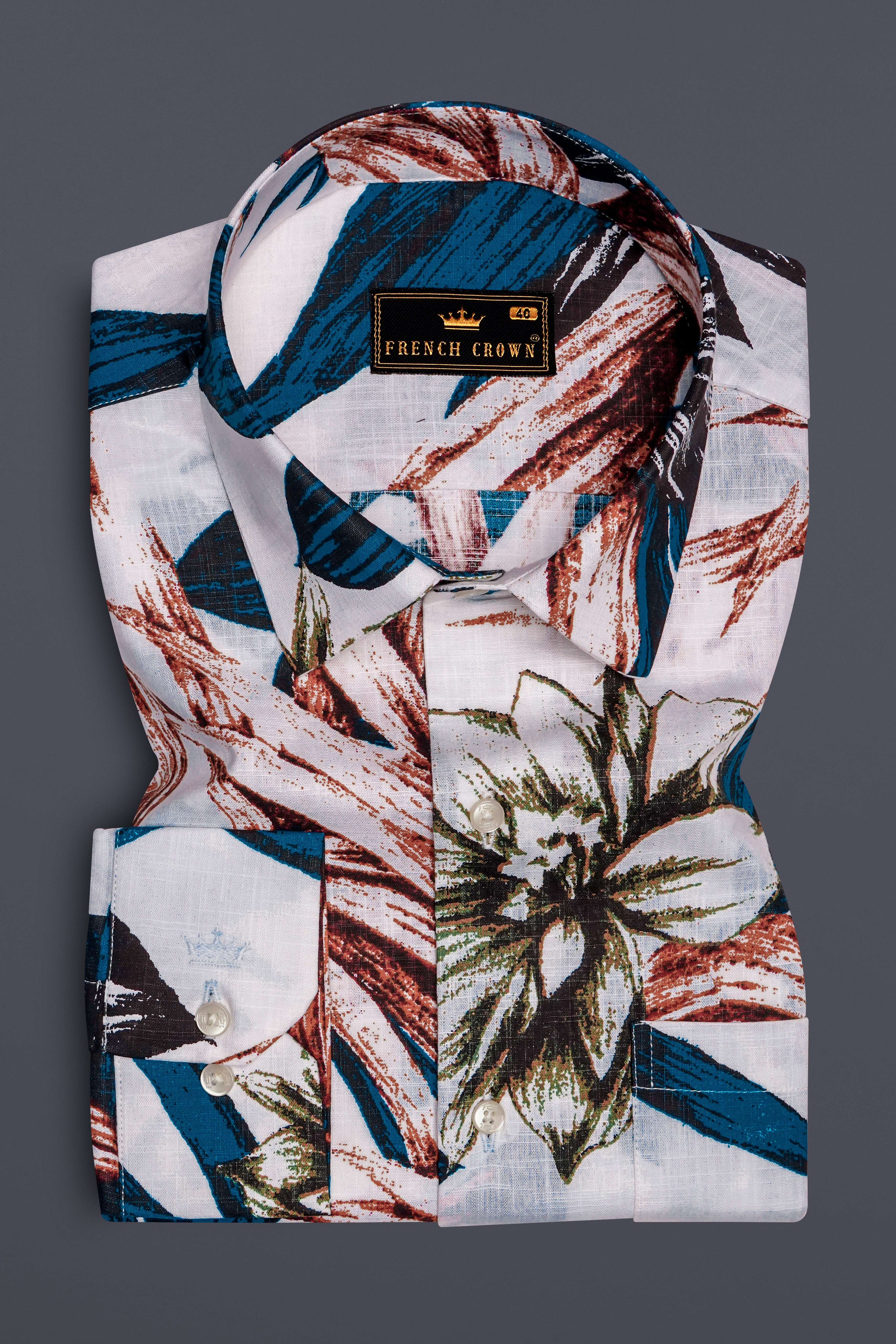 zafflora-Bright White And Bahama Blue Floral Printed Luxurious Linen Casual Shirt