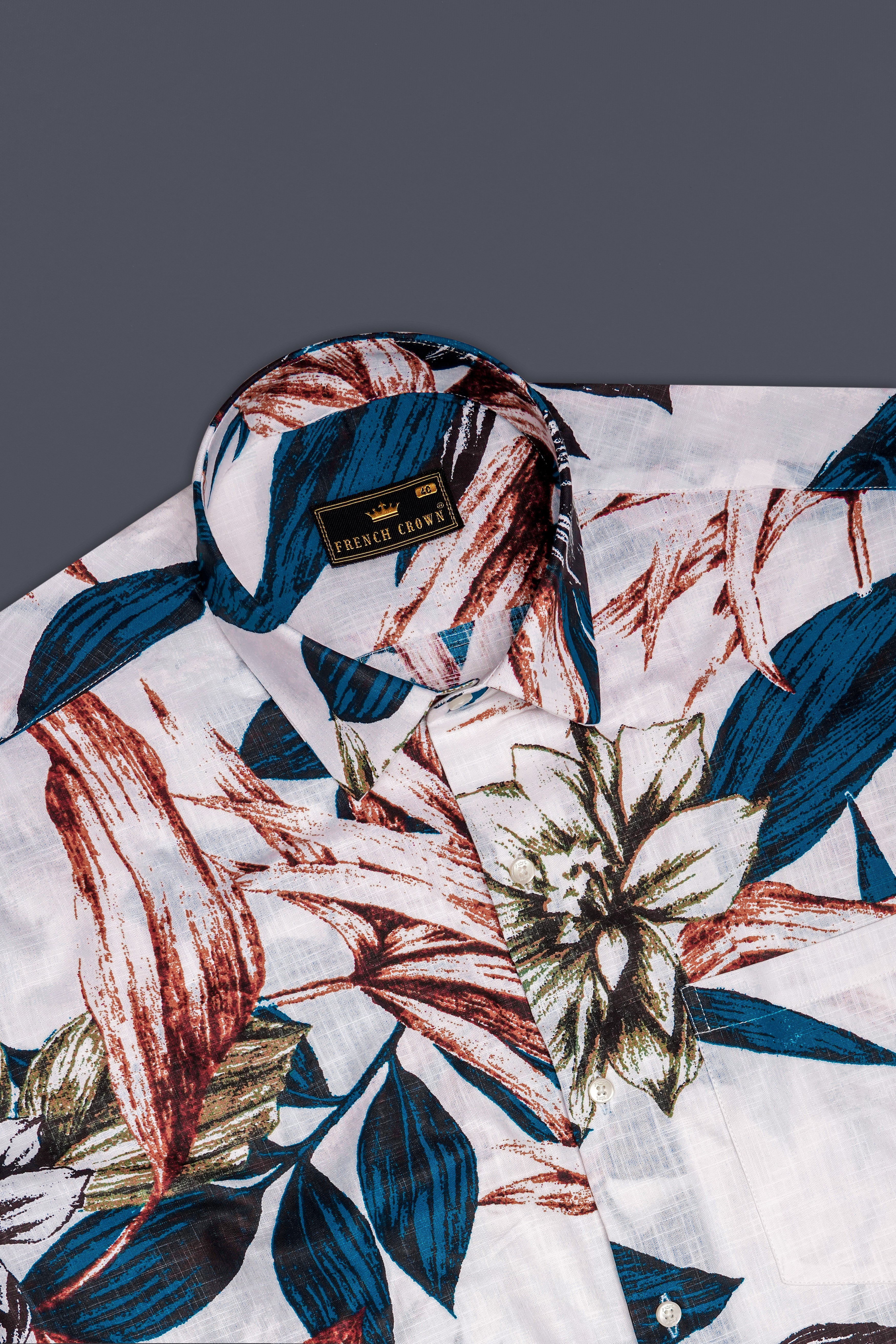 zafflora-Bright White And Bahama Blue Floral Printed Luxurious Linen Casual Shirt