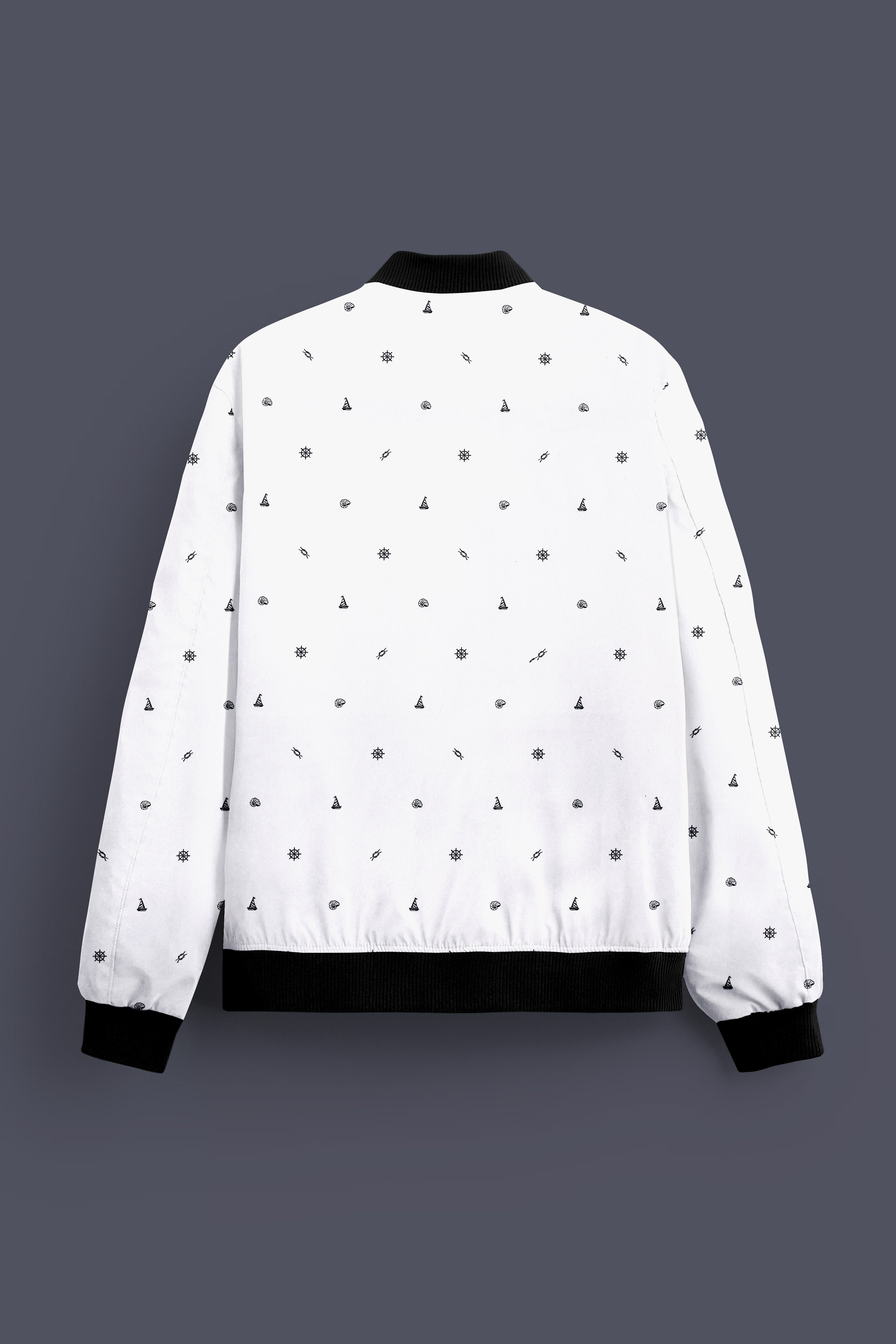 Nautical Tide-Bright White Nautical Printed Premium Cotton Bomber Jacket
