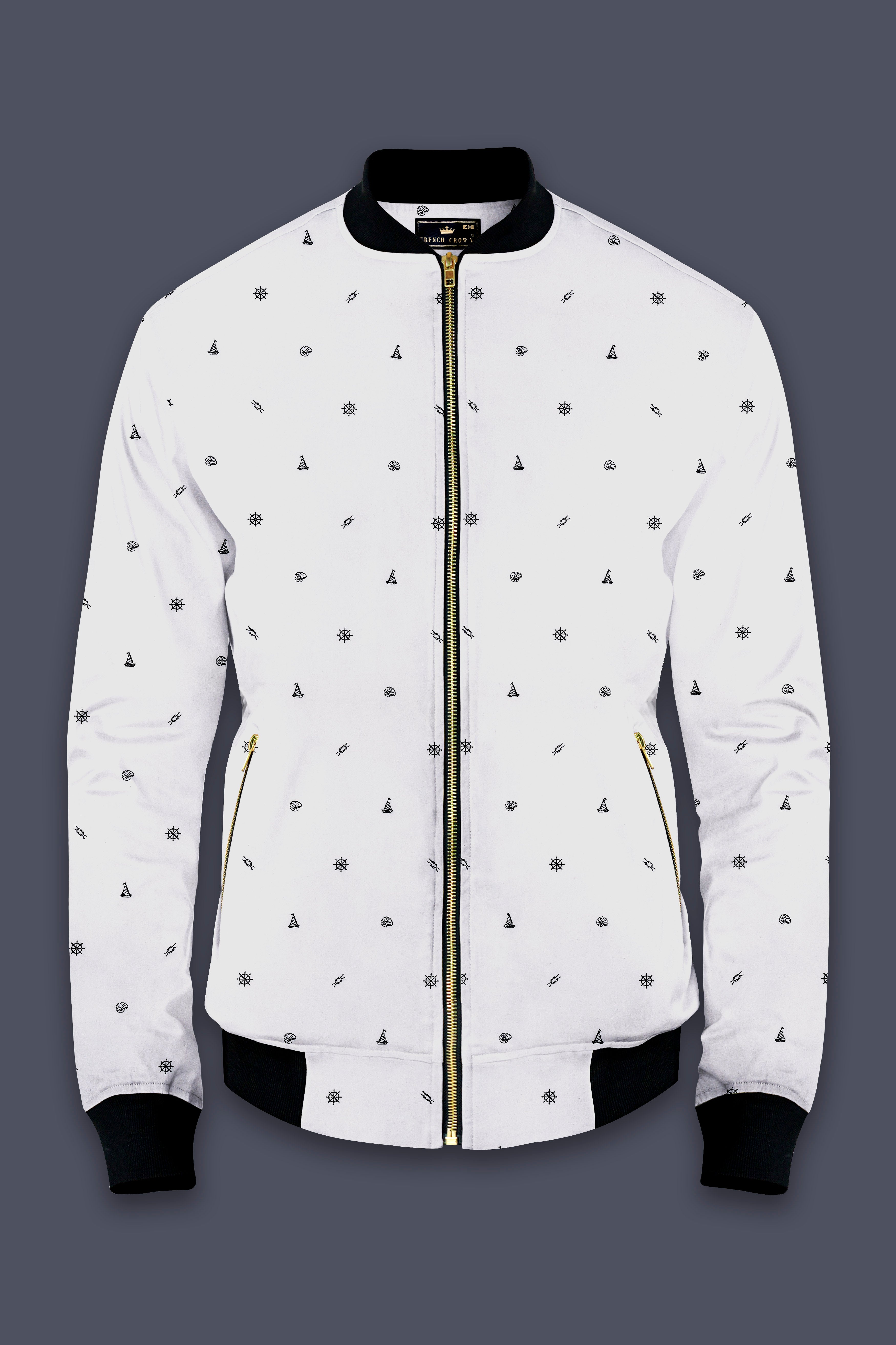 Nautical Tide-Bright White Nautical Printed Premium Cotton Bomber Jacket