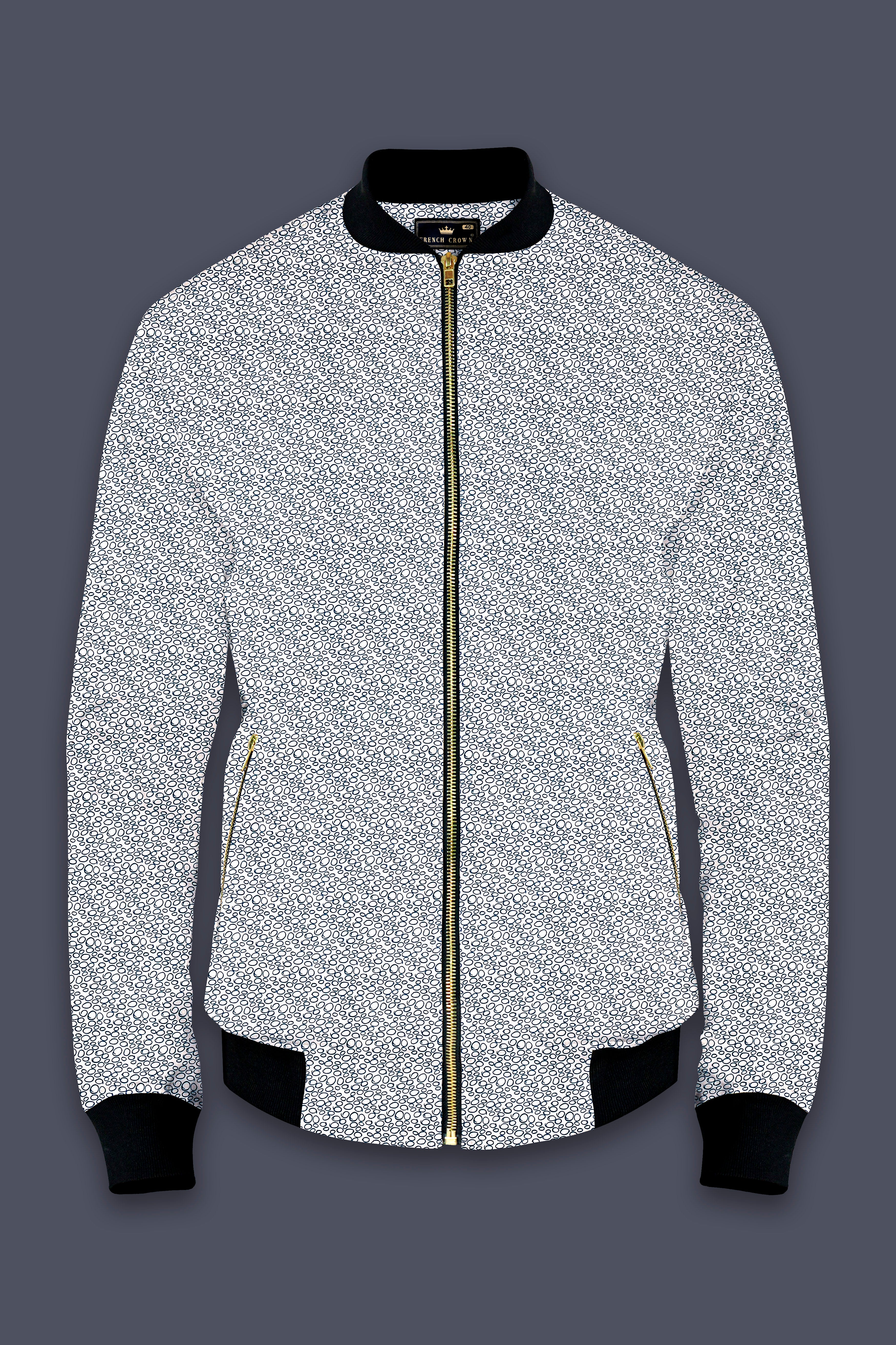 Azure Mist-Bright White And Stratos Blue Printed Premium Cotton Bomber Jacket