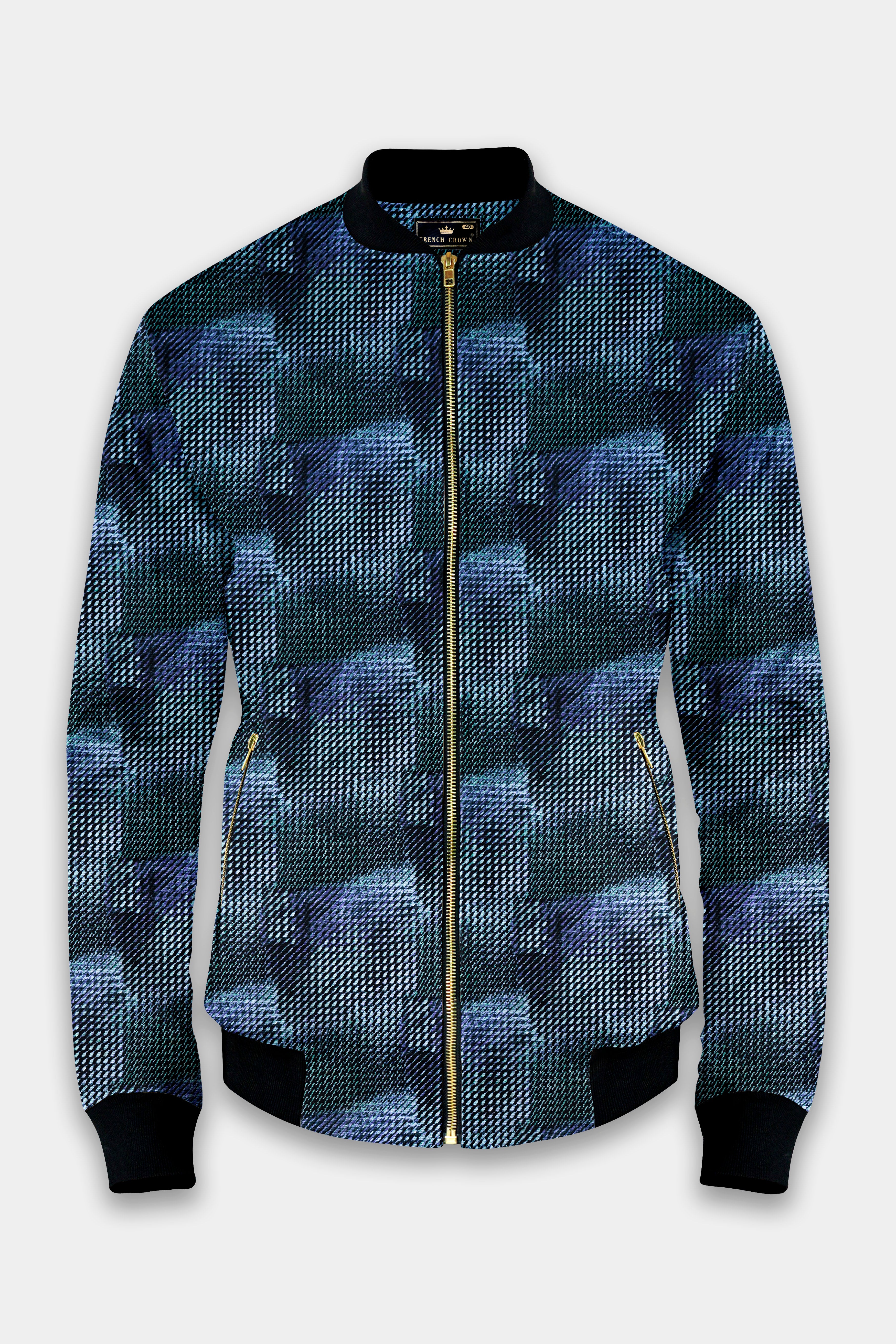 Tropical Tides-Biscay Blue And Firefly Green printed Premium Cotton Bomber Jacket