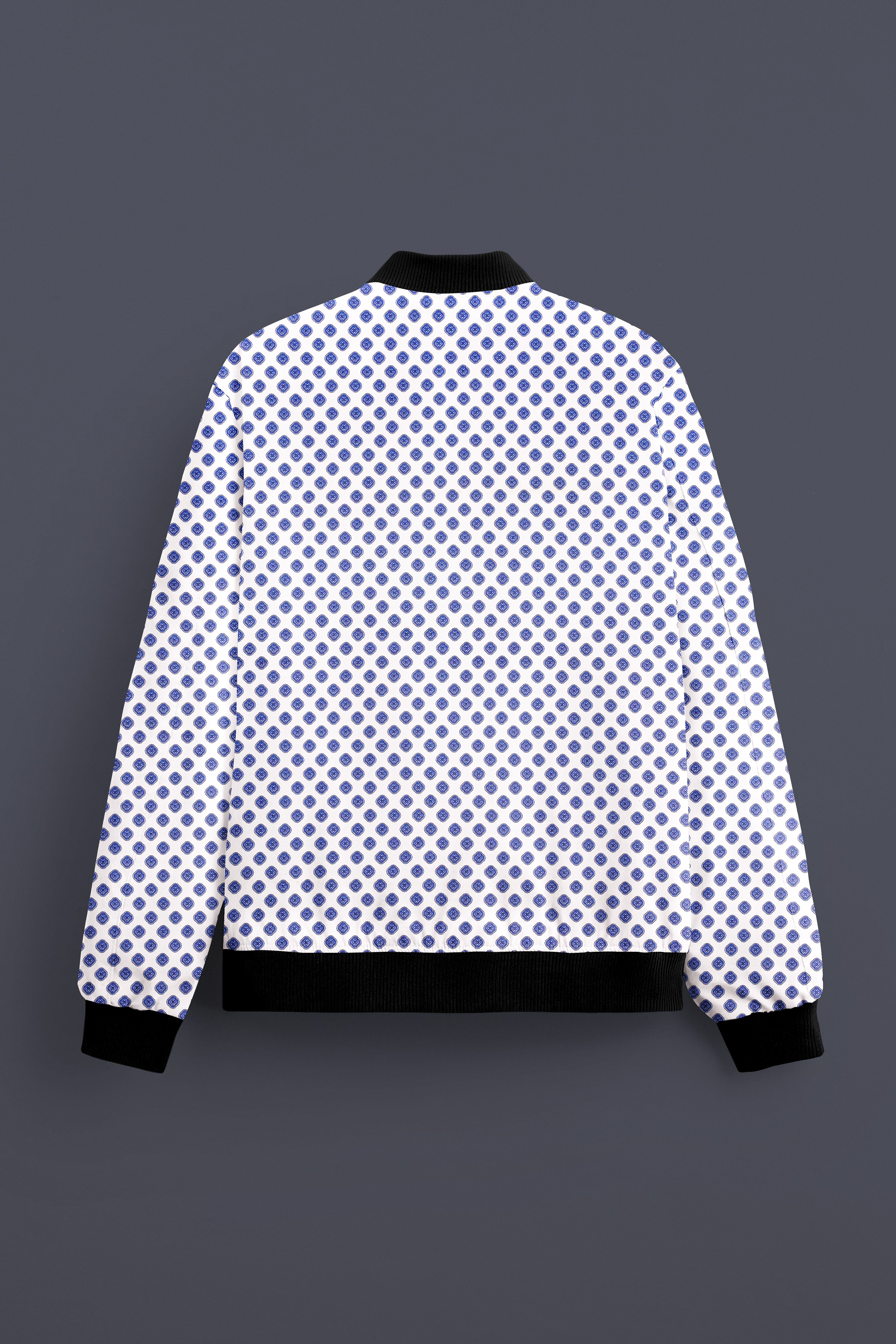 Ocean Echo-Bright White And Mariner Blue Retro Printed Premium Cotton Bomber Jacket
