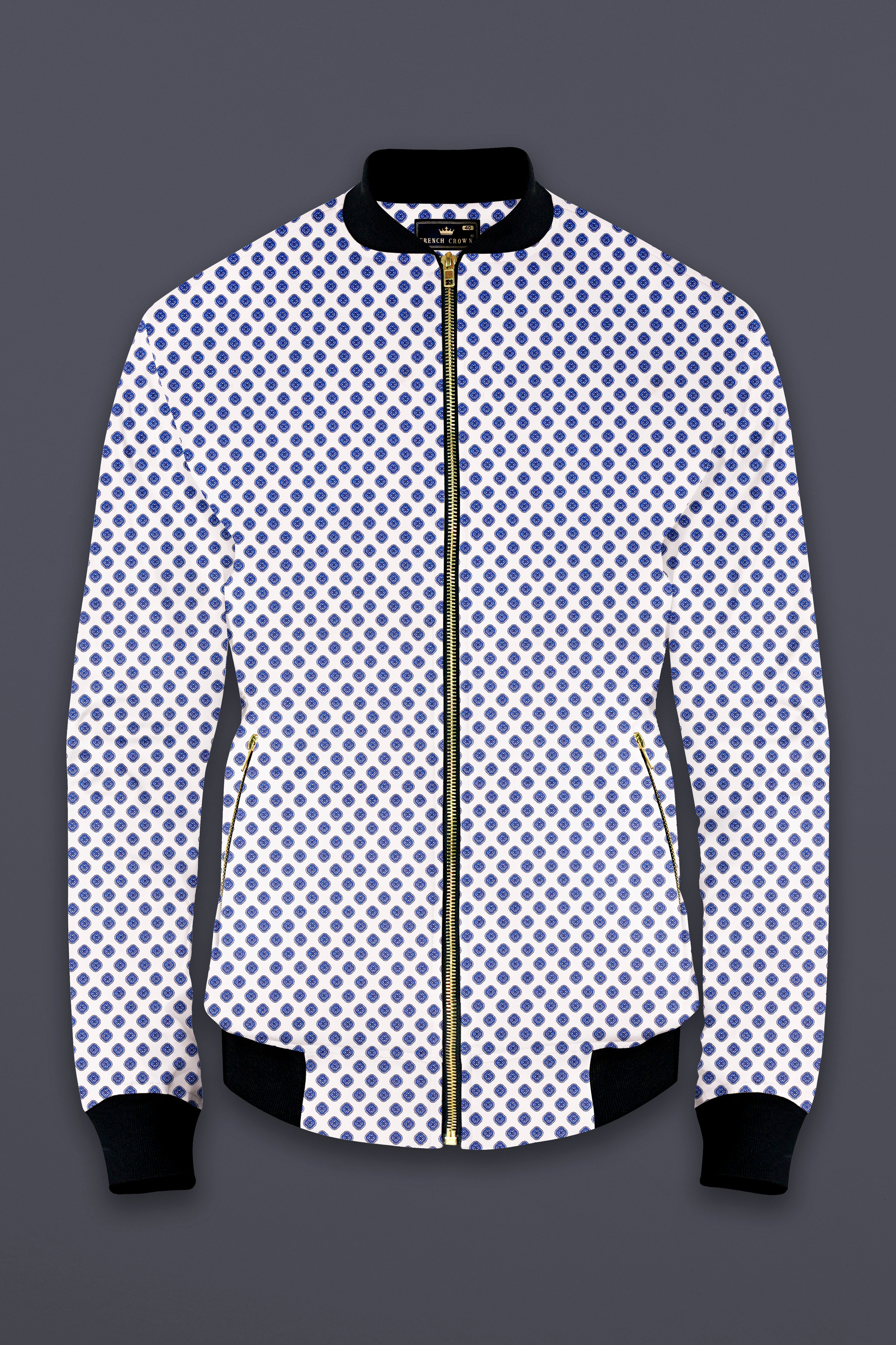 Ocean Echo-Bright White And Mariner Blue Retro Printed Premium Cotton Bomber Jacket