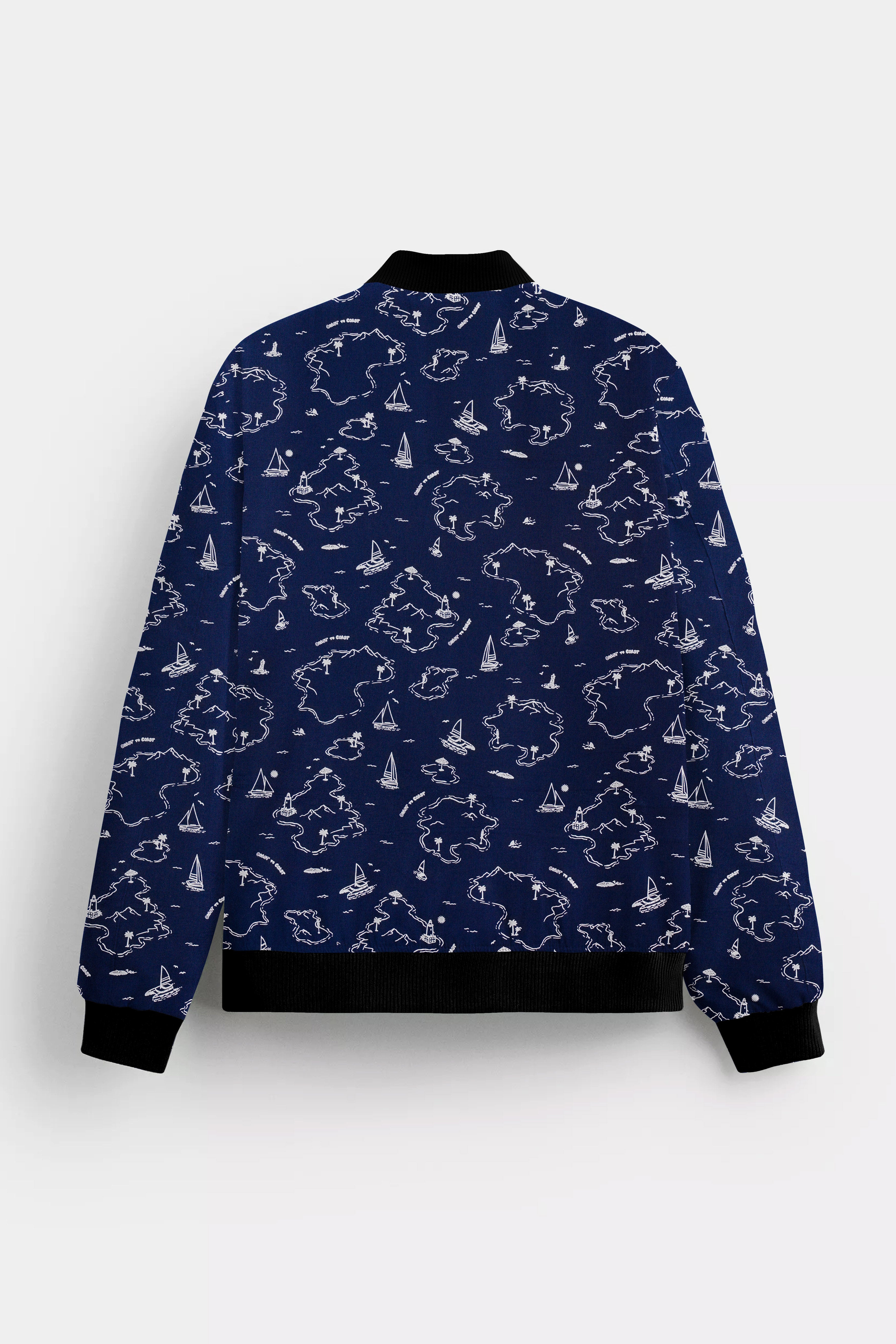 Firefly Blue Boat Printed Premium Cotton Bomber Jacket