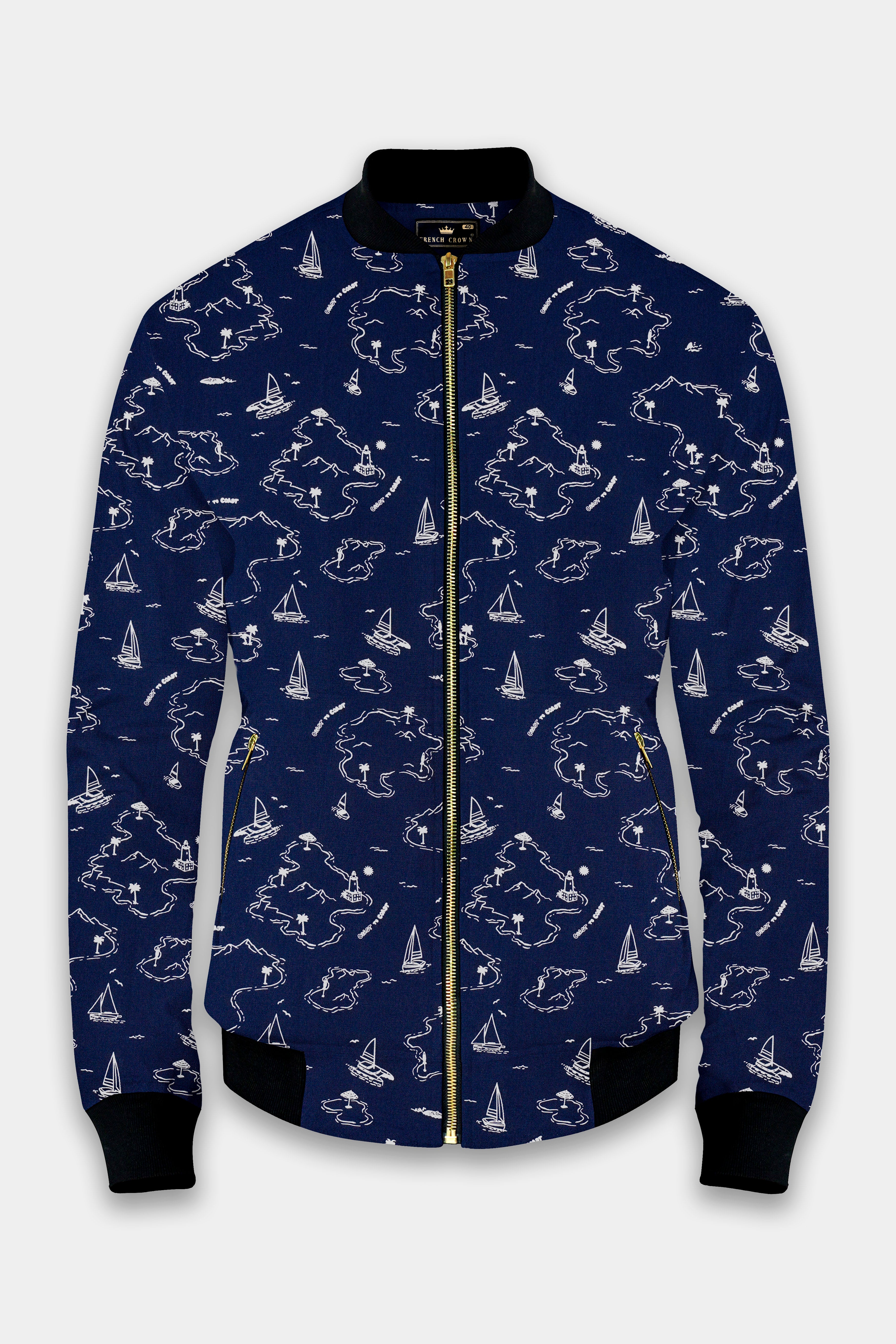 Firefly Blue Boat Printed Premium Cotton Bomber Jacket