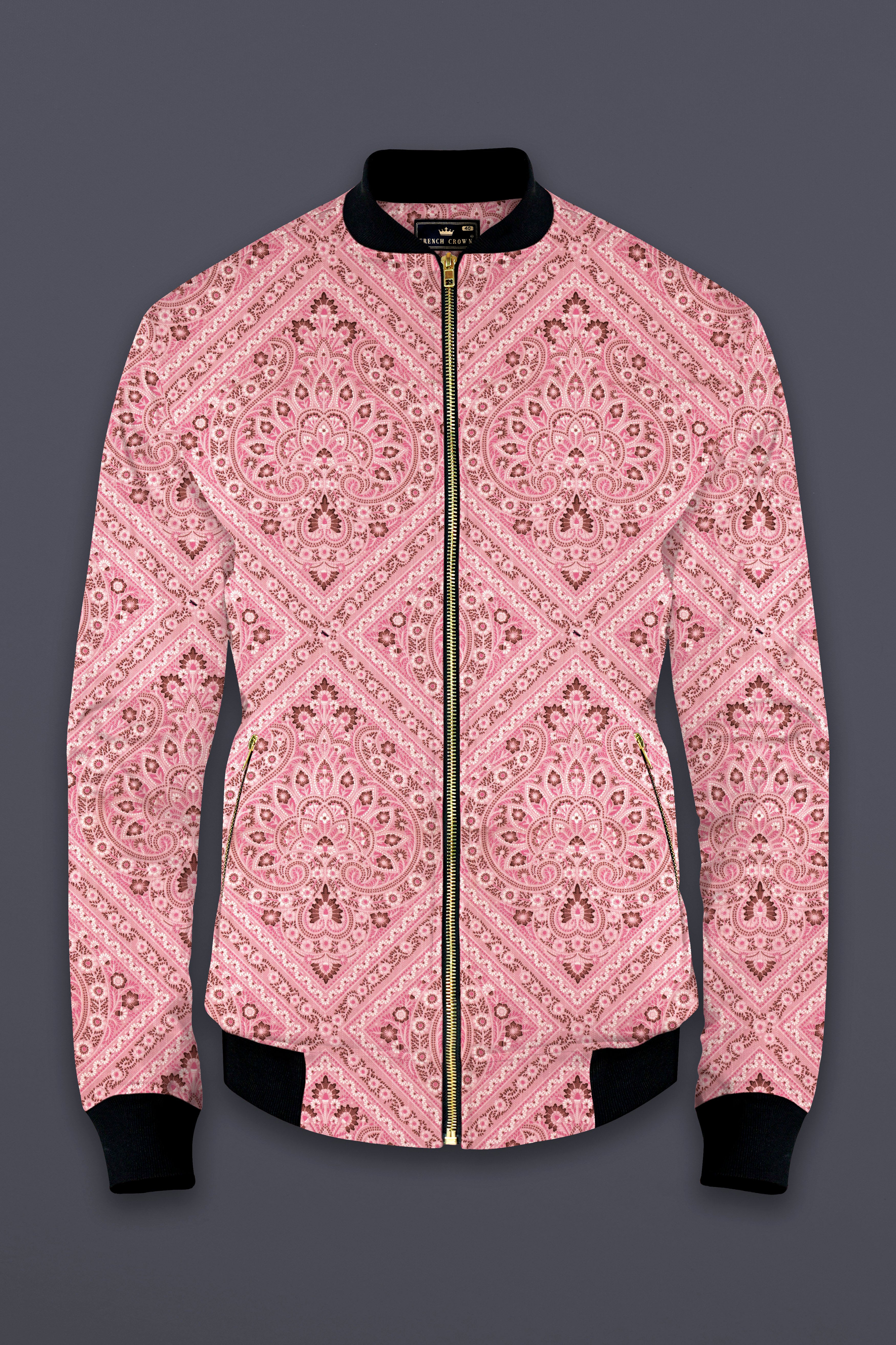 Rose Bud Pink Printed Premium Cotton Bomber Jacket
