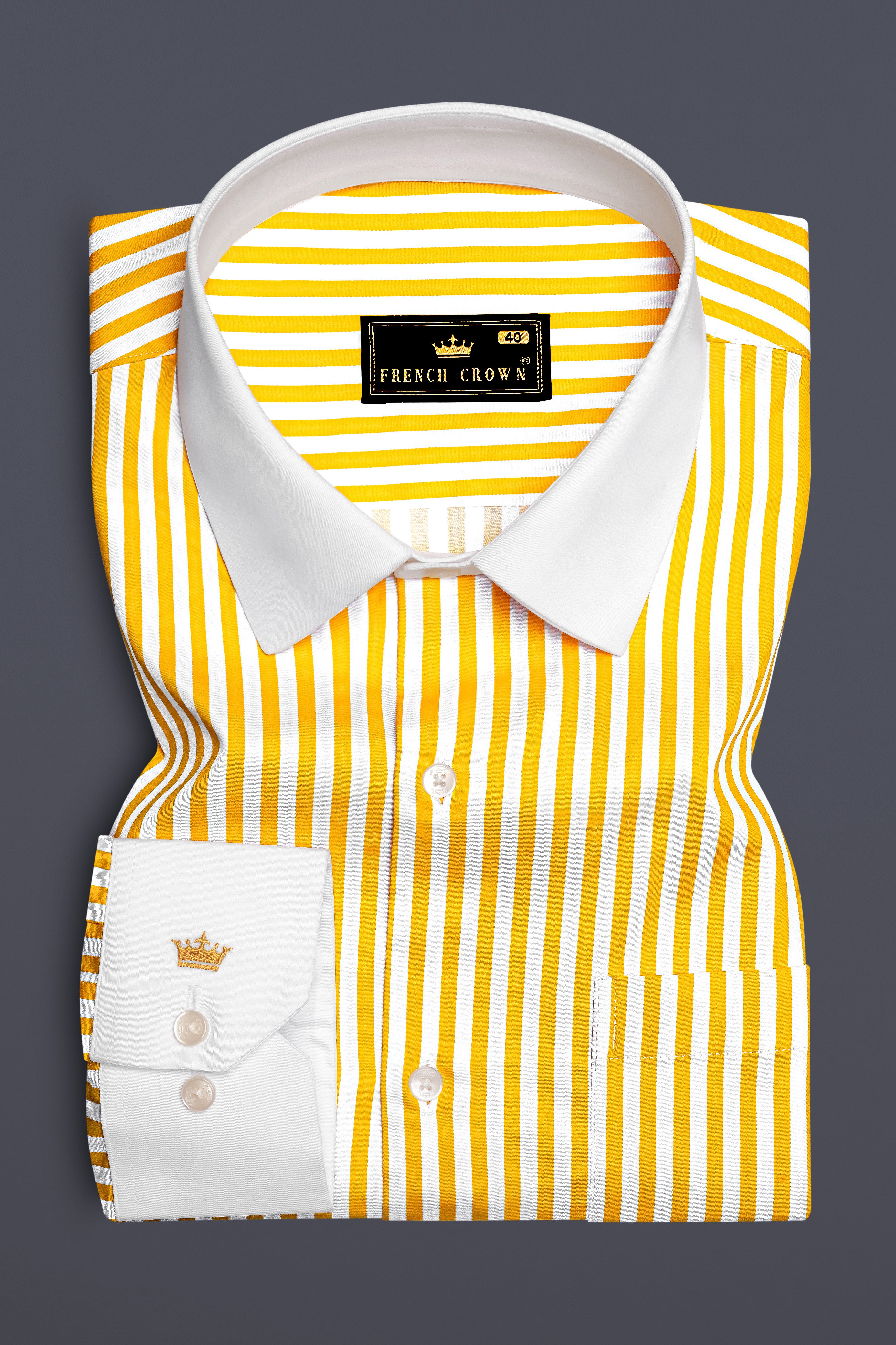Aurisel-Koromiko Yellow And Bright White Striped Super Soft Premium Cotton Formal White Cuff Collar Shirt