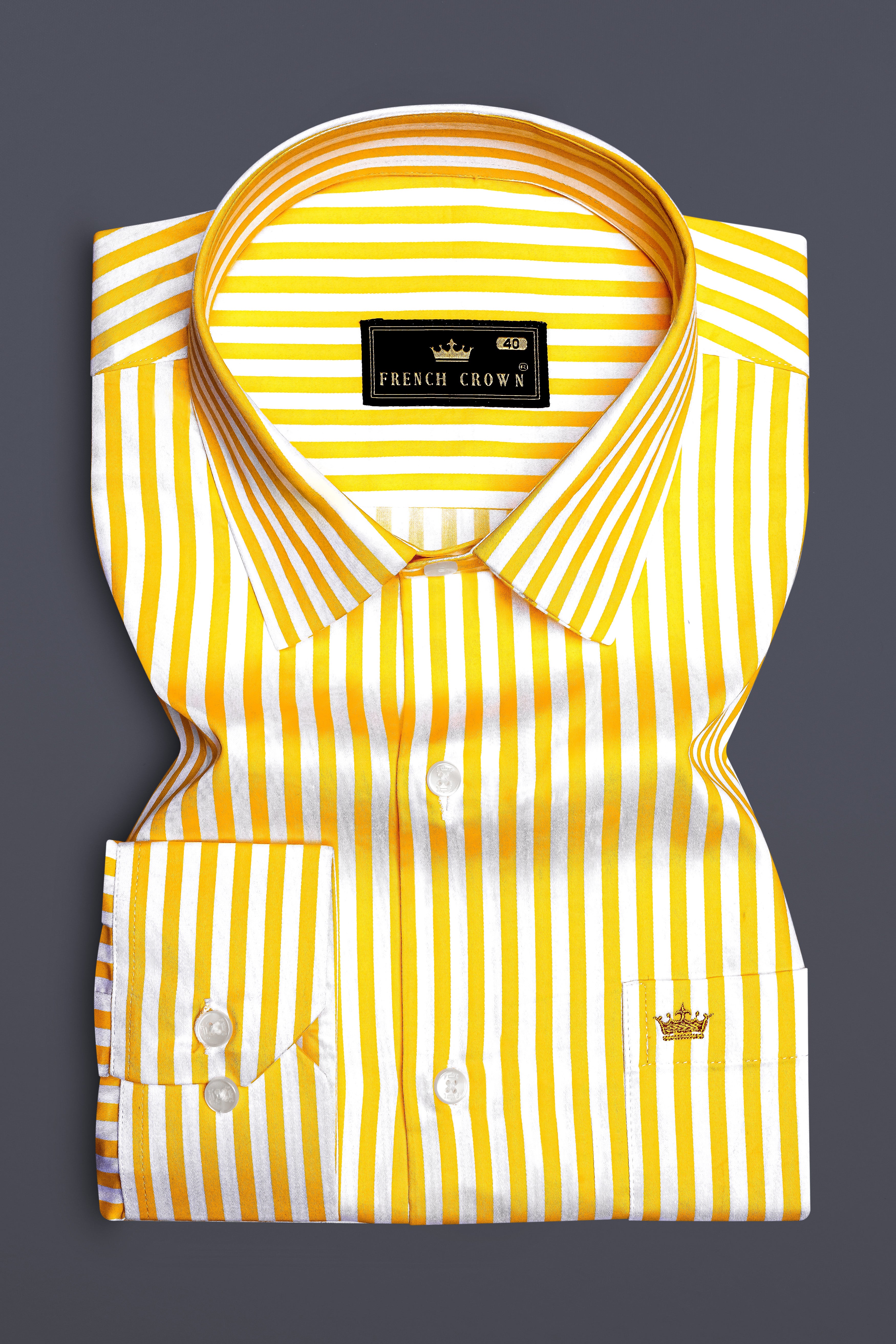 Aurisel-Koromiko Yellow And Bright White Striped Subtle Sheen Super Soft Premium Cotton Dress Shirt