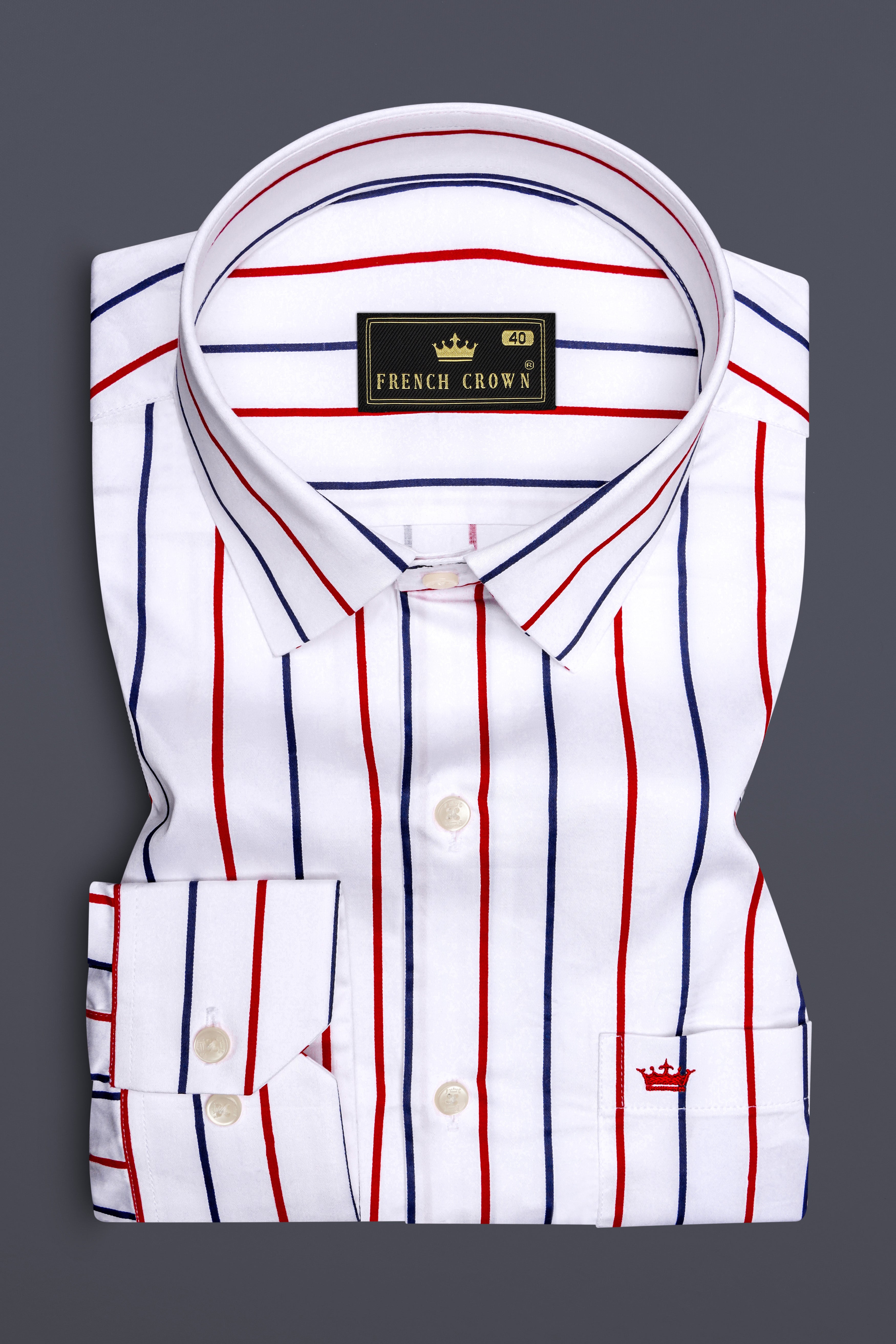 Triastra-Bright White And Crimson Red With Bunting Blue Striped Sheen Super Soft Premium Semi Formal Dress Shirt