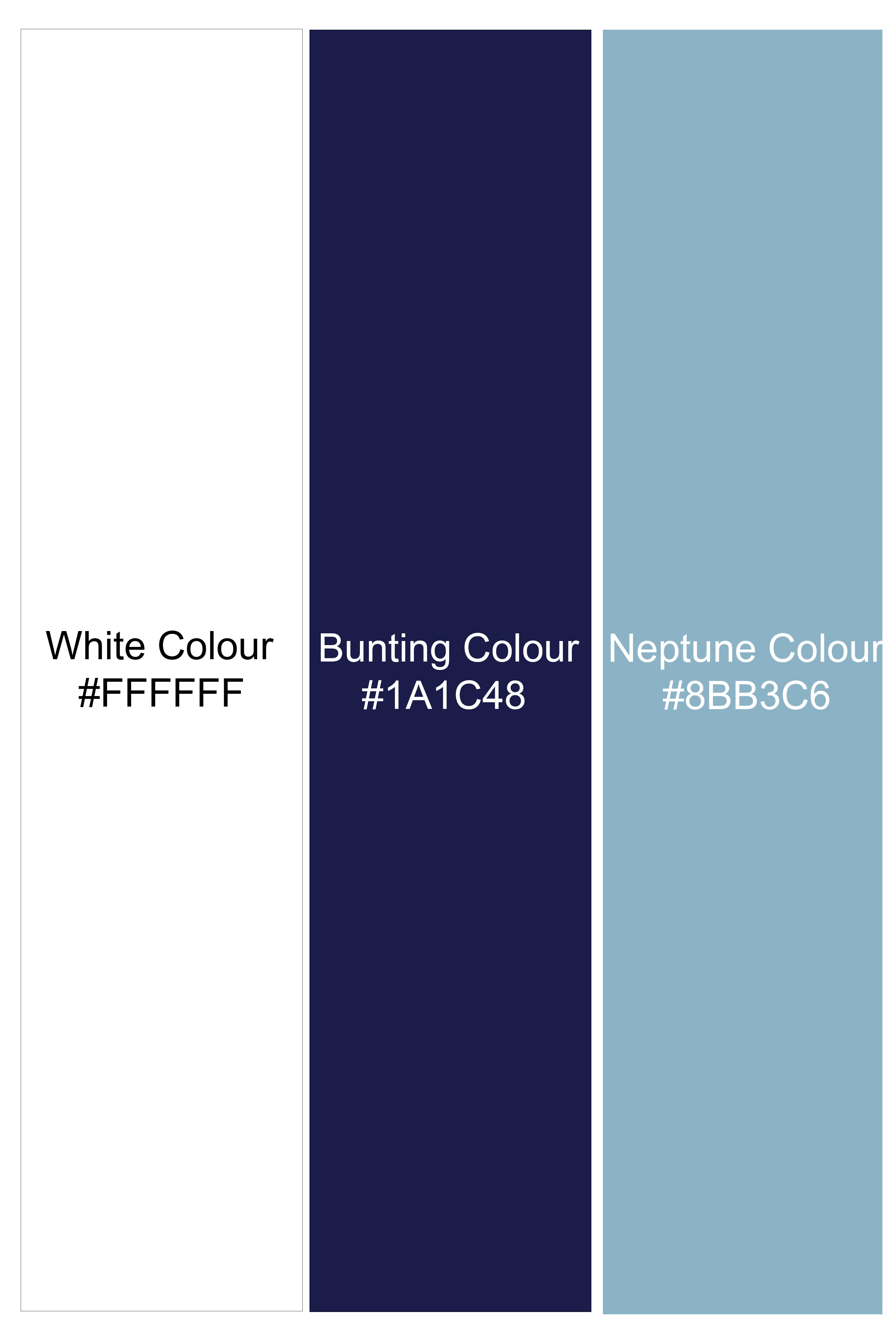 Bleuvra-Bright White And Neptune Blue Printed Oxford Premium Cotton Semi Formal Shirt