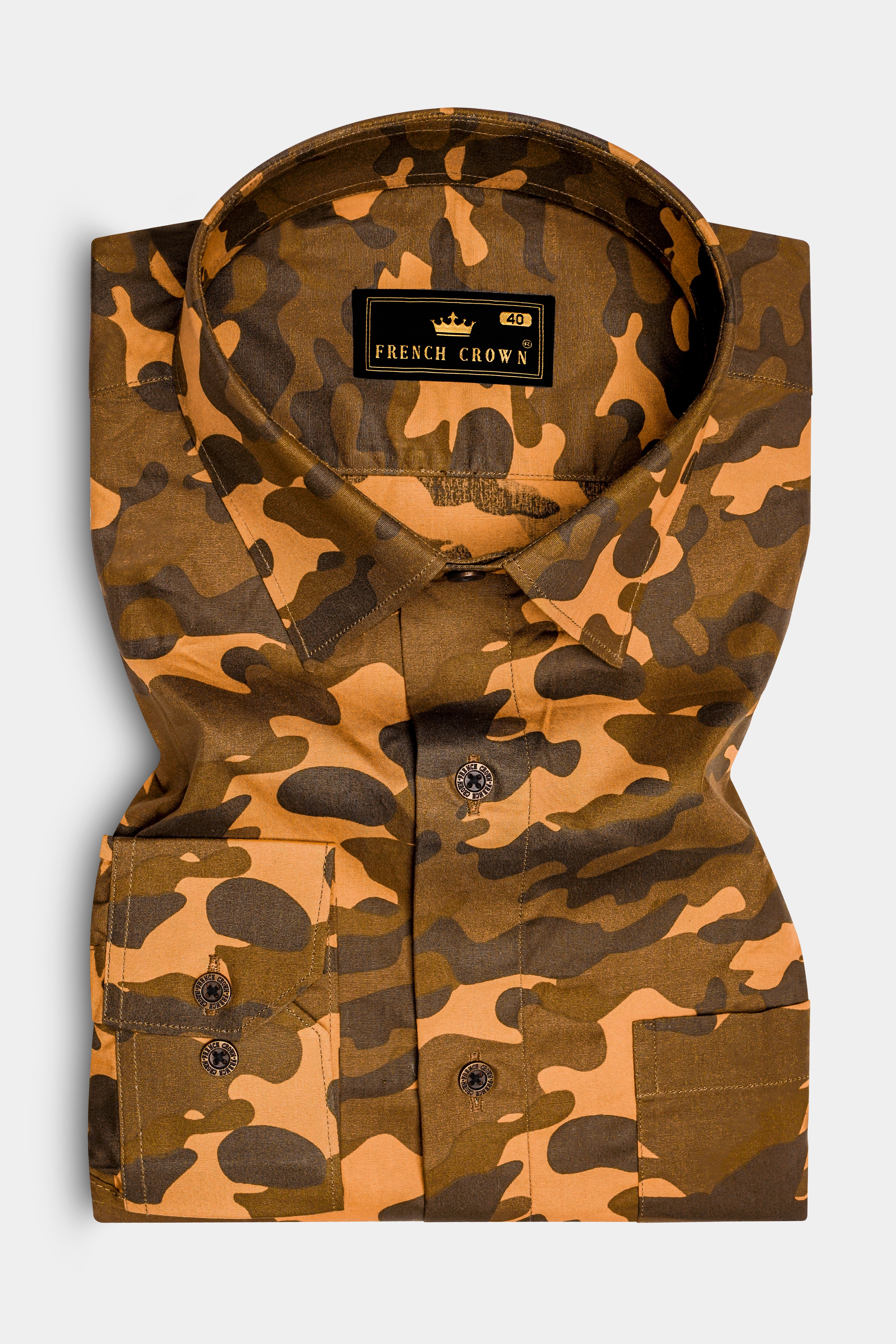 Milterra-Irish Coffee And Serria Orange Camouflage Military Printed Oxford Premium Cotton Casual Shirt