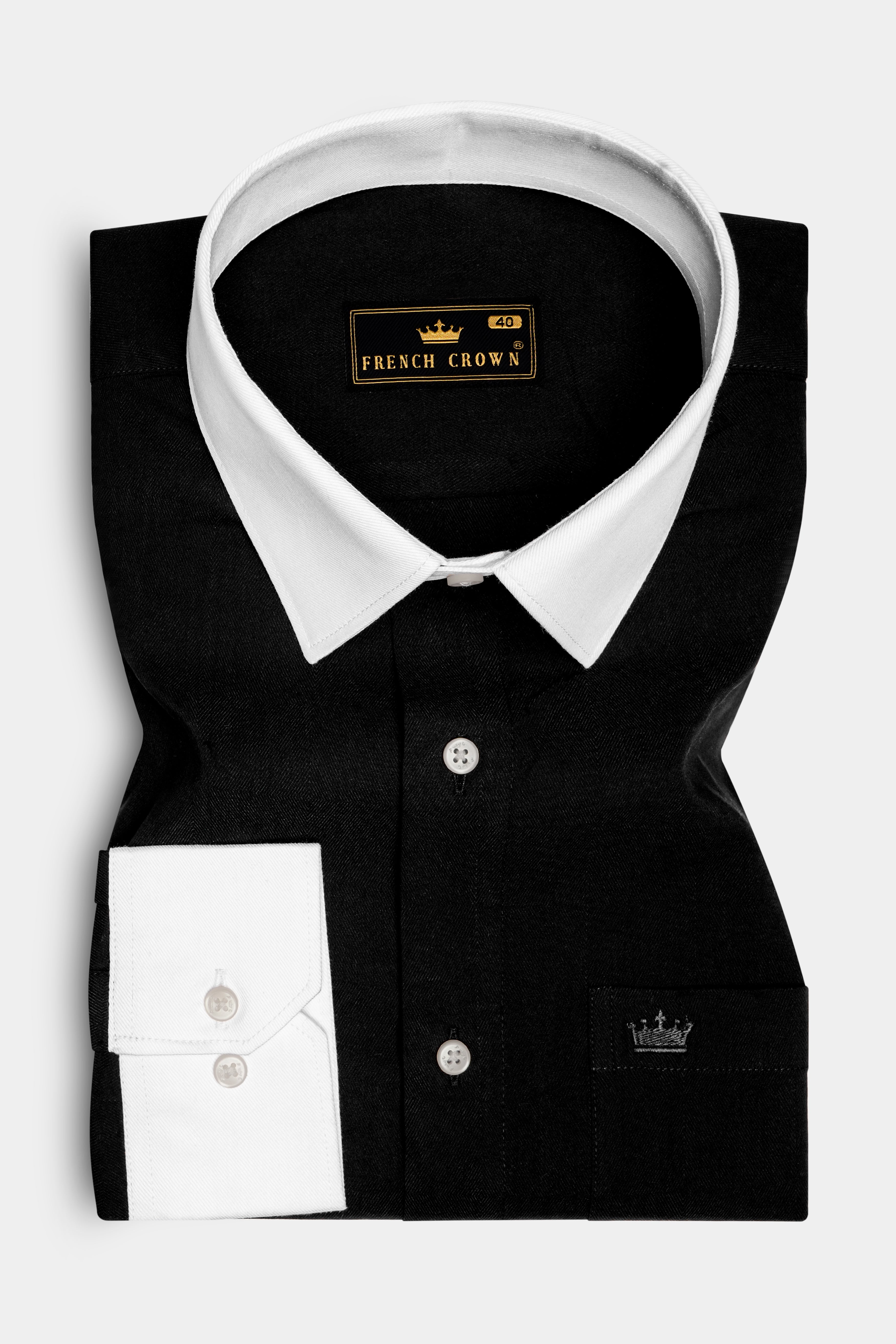 Noircuff-Jade Black Twill Premium Cotton White Cuff Collar Dress Shirt