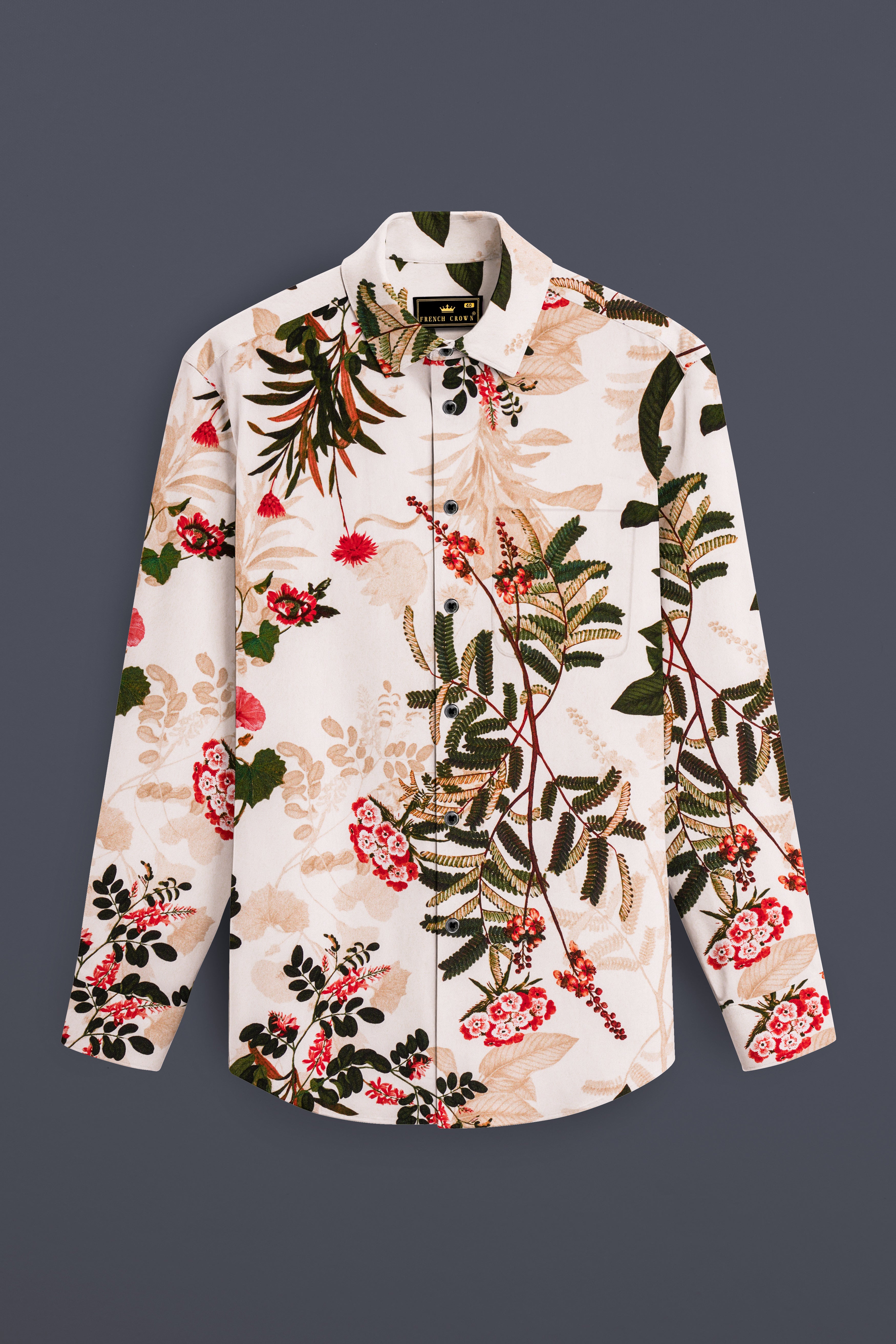 Creflora-Amour Cream And Rifle Green Floral Printed Subtle Sheen Super Soft Premium Casual Shirt