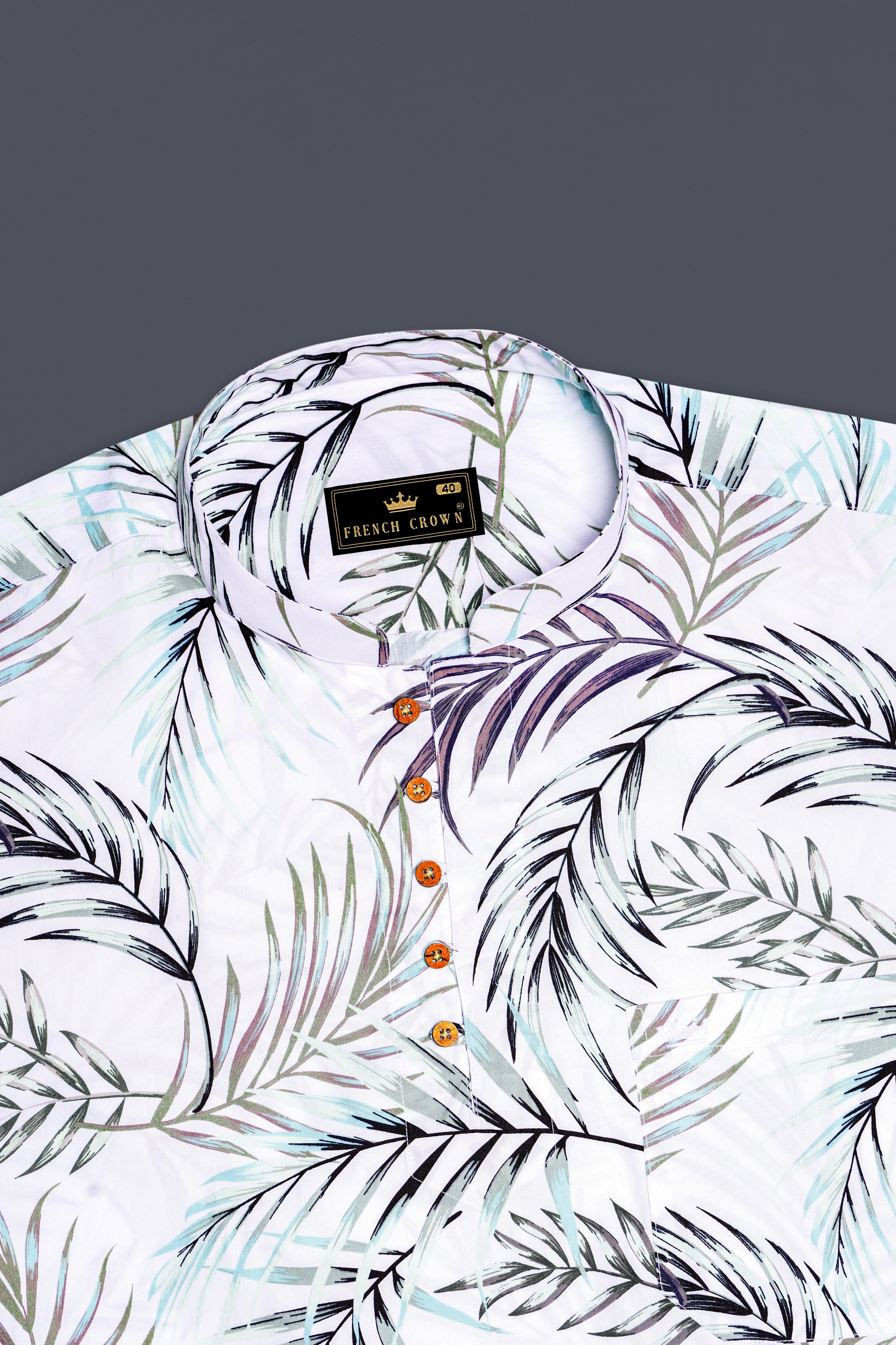 Verdilo-Bright White Multicolour Leaves Printed Super Soft Premium Cotton Casual Kurta Shirt