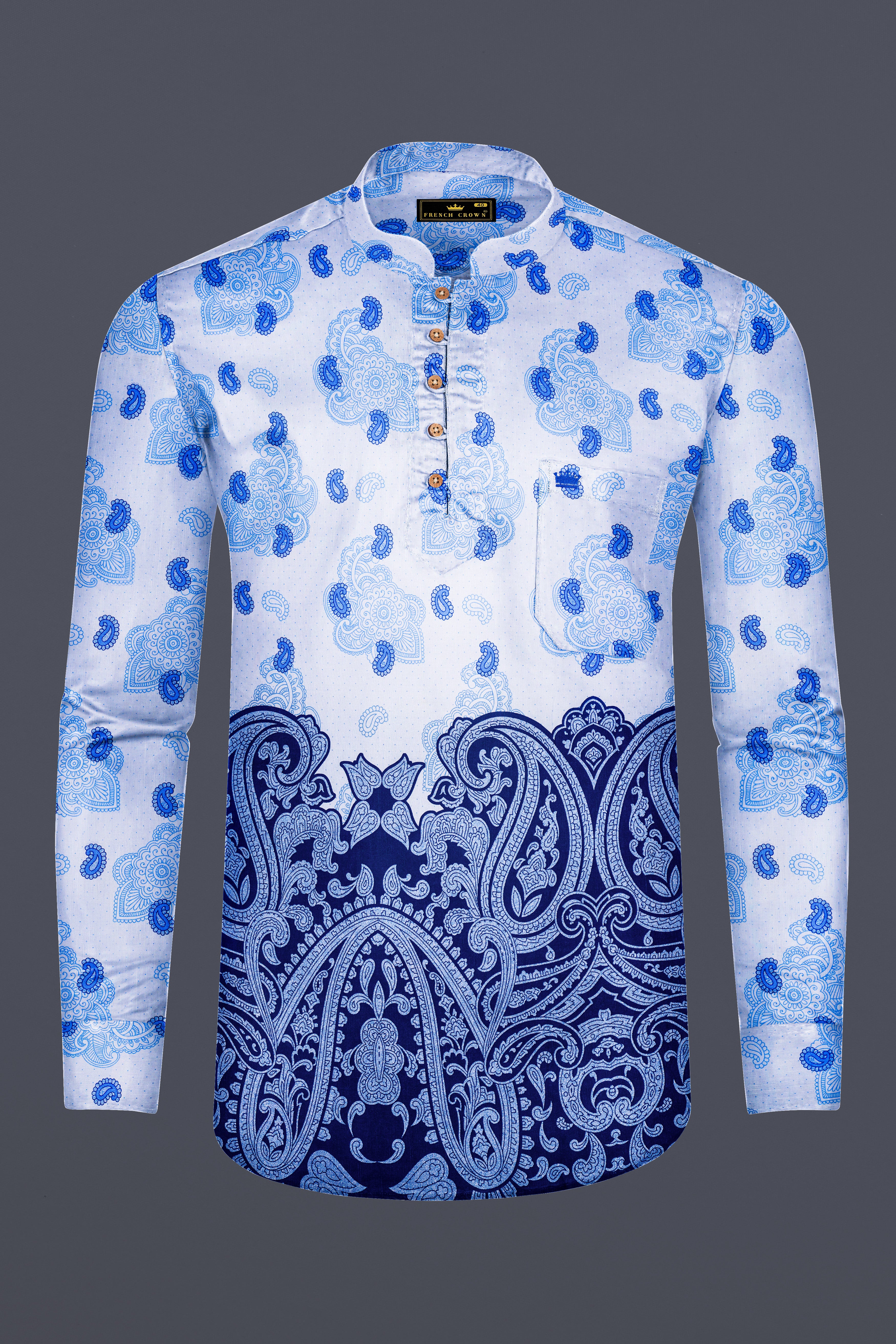 Lilaysh-Periwinkle Blue And Bright White Paisleys Printed Chambray Premium Cotton Casual Kurta Shirt