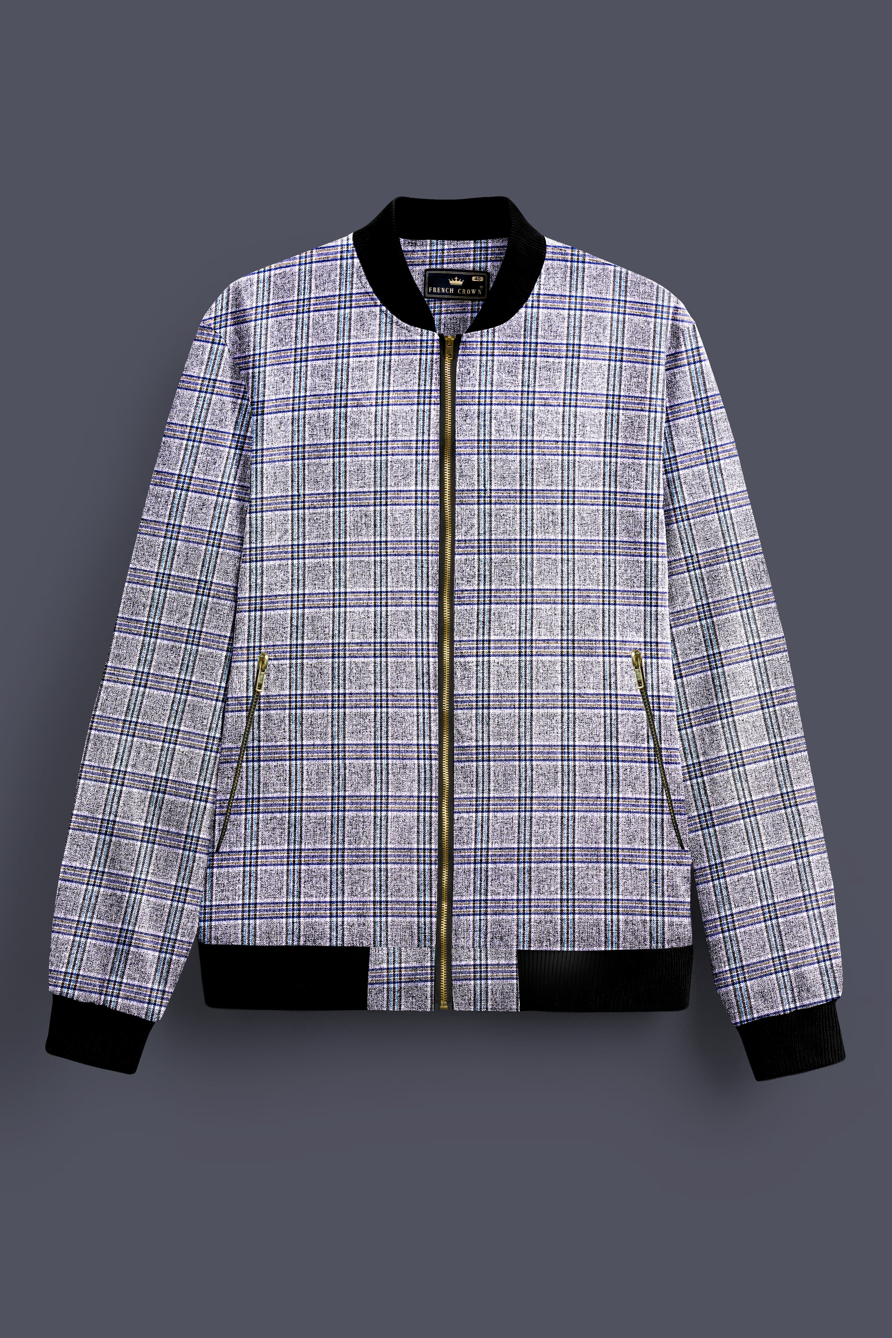 Pladiel-StarDust Gray with Martinique Blue Plaid Wool Rich Bomber Jacket
