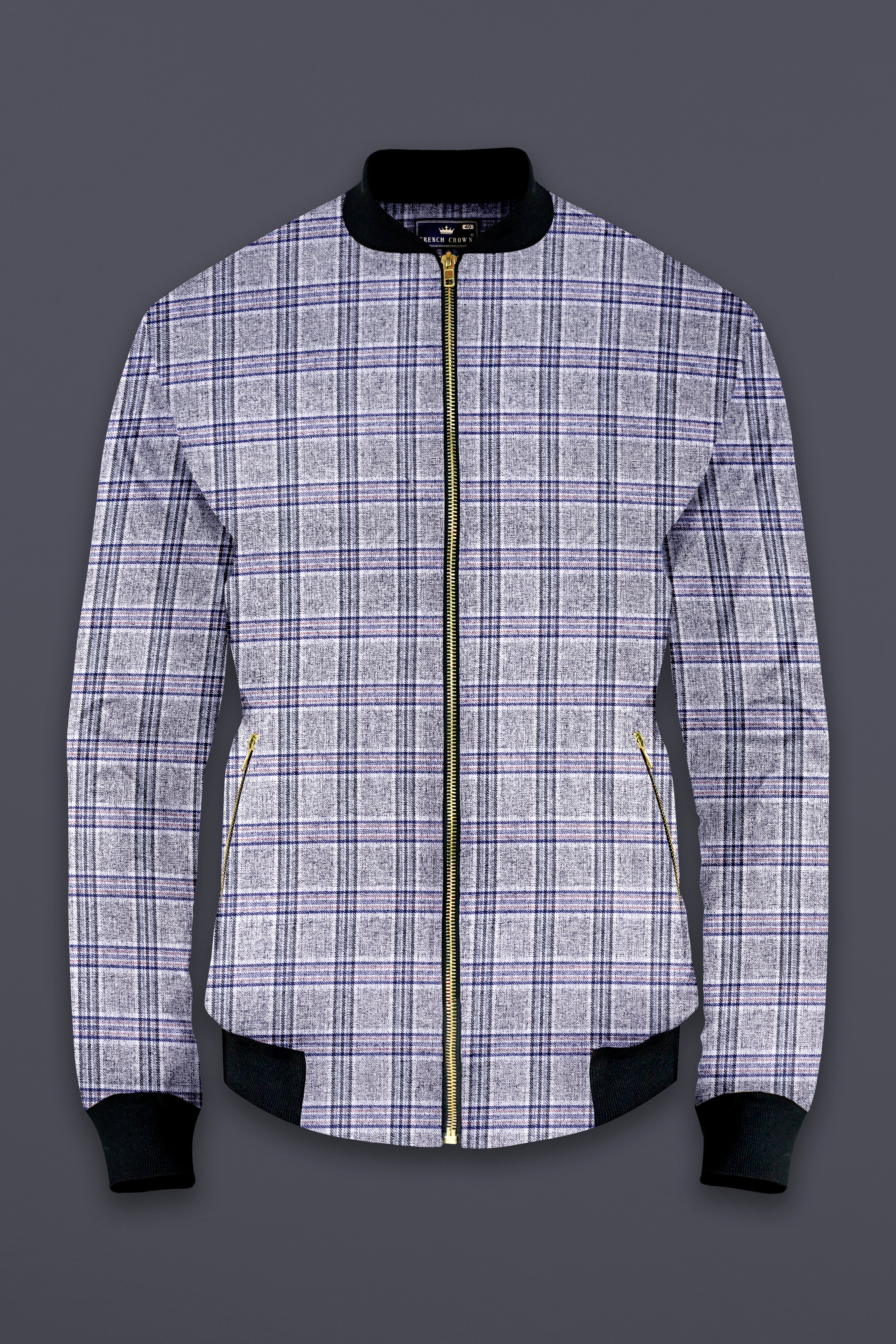 Pladiel-StarDust Gray with Martinique Blue Plaid Wool Rich Bomber Jacket