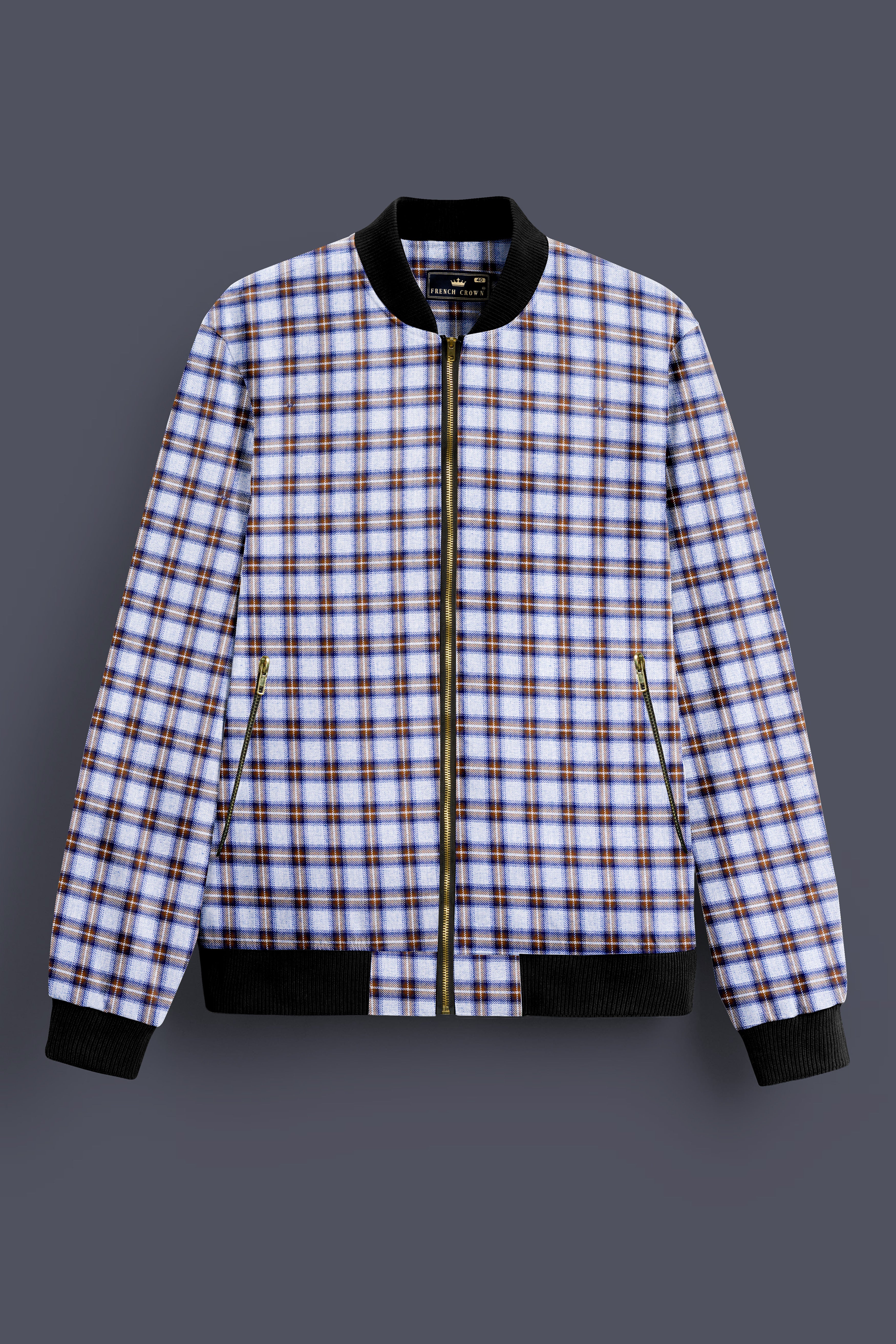 Castaire-Chateau Blue with Cocoa Brown Plaid Wool Rich Bomber Jacket