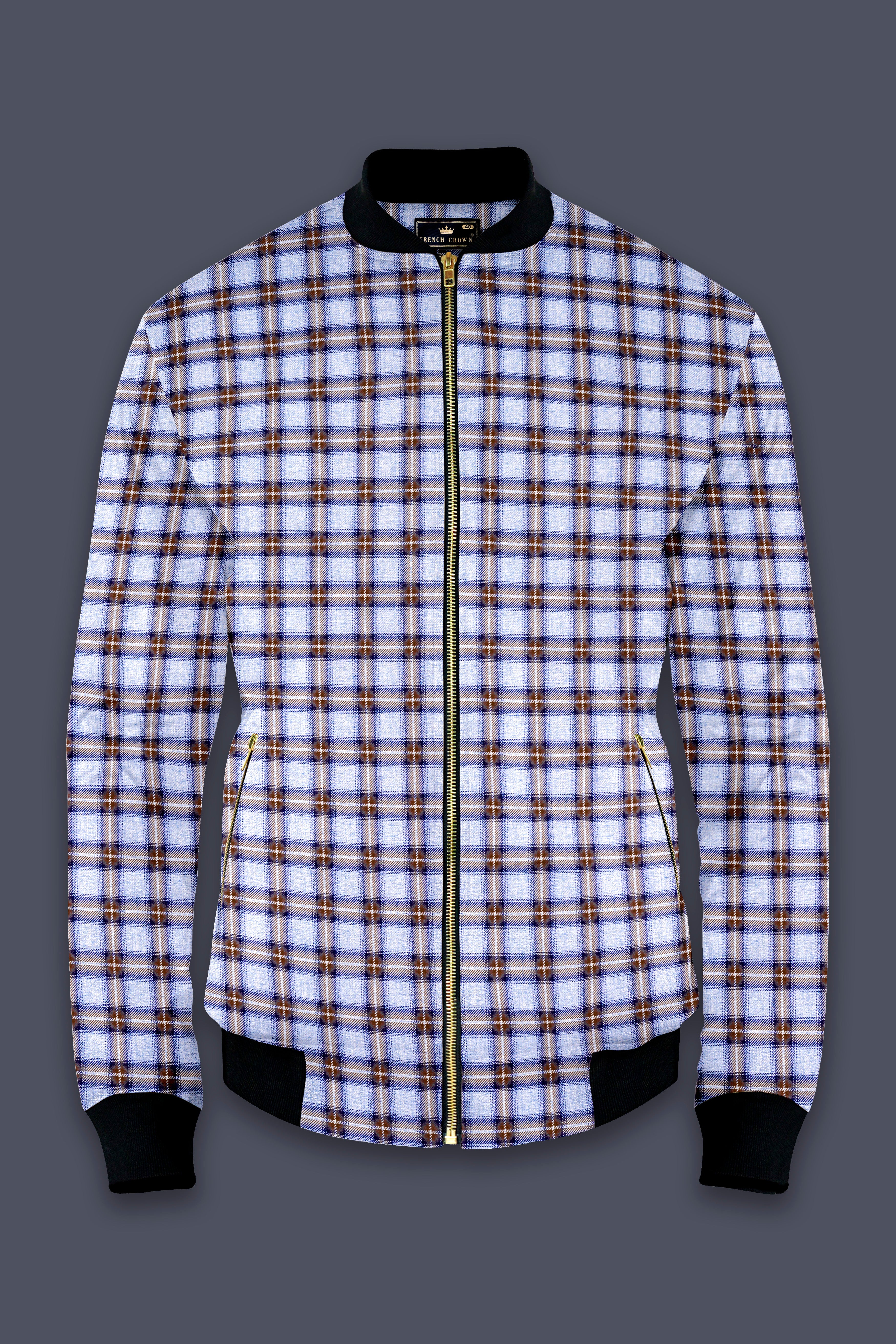 Castaire-Chateau Blue with Cocoa Brown Plaid Wool Rich Bomber Jacket