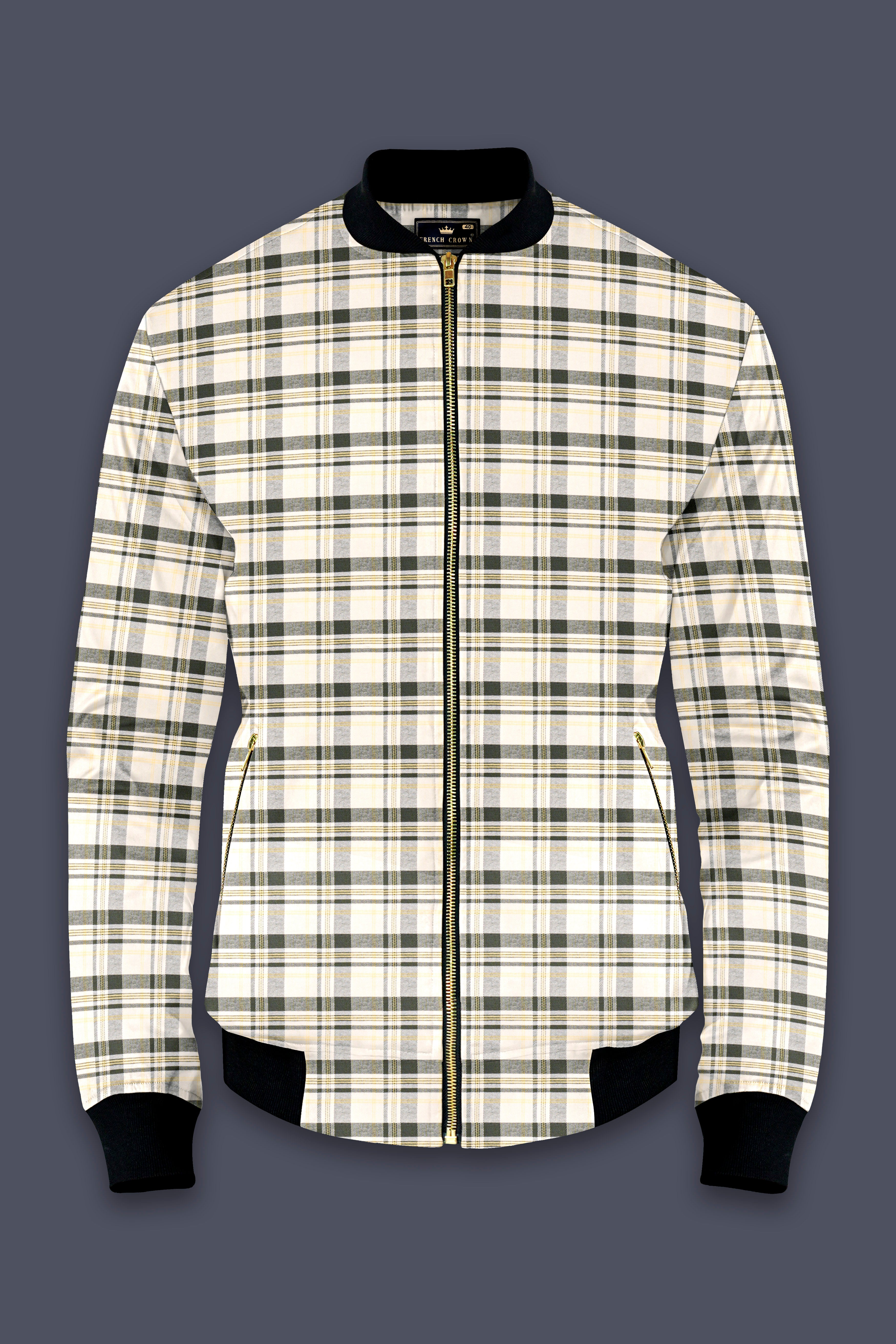 Mirella-Wheatfield Cream with Taupe Green Plaid Premium Cotton Bomber Jacket