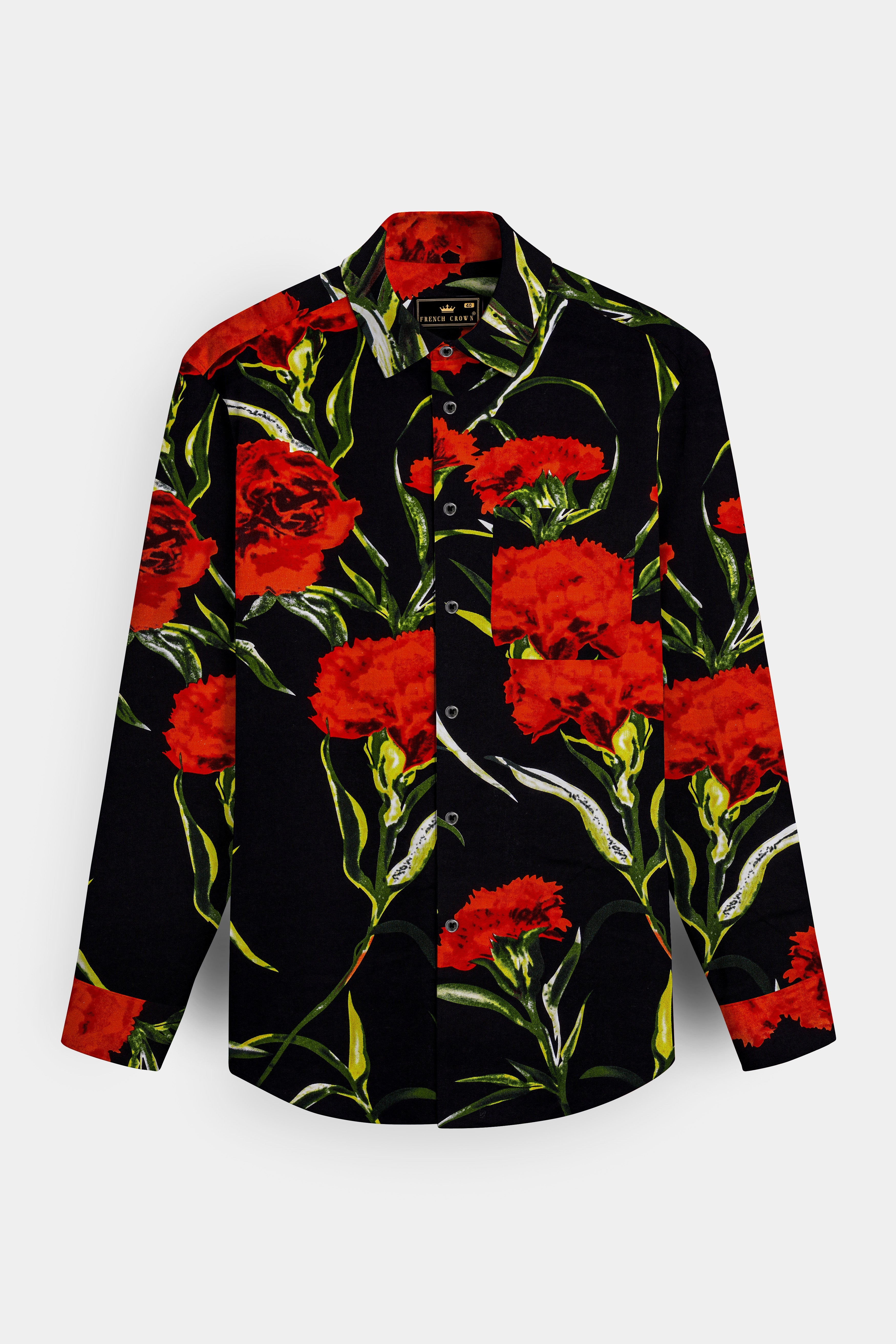Noirrosa-Jade Black And Milano Red Floral Printed Super Soft Premium Cotton Casual Shirt