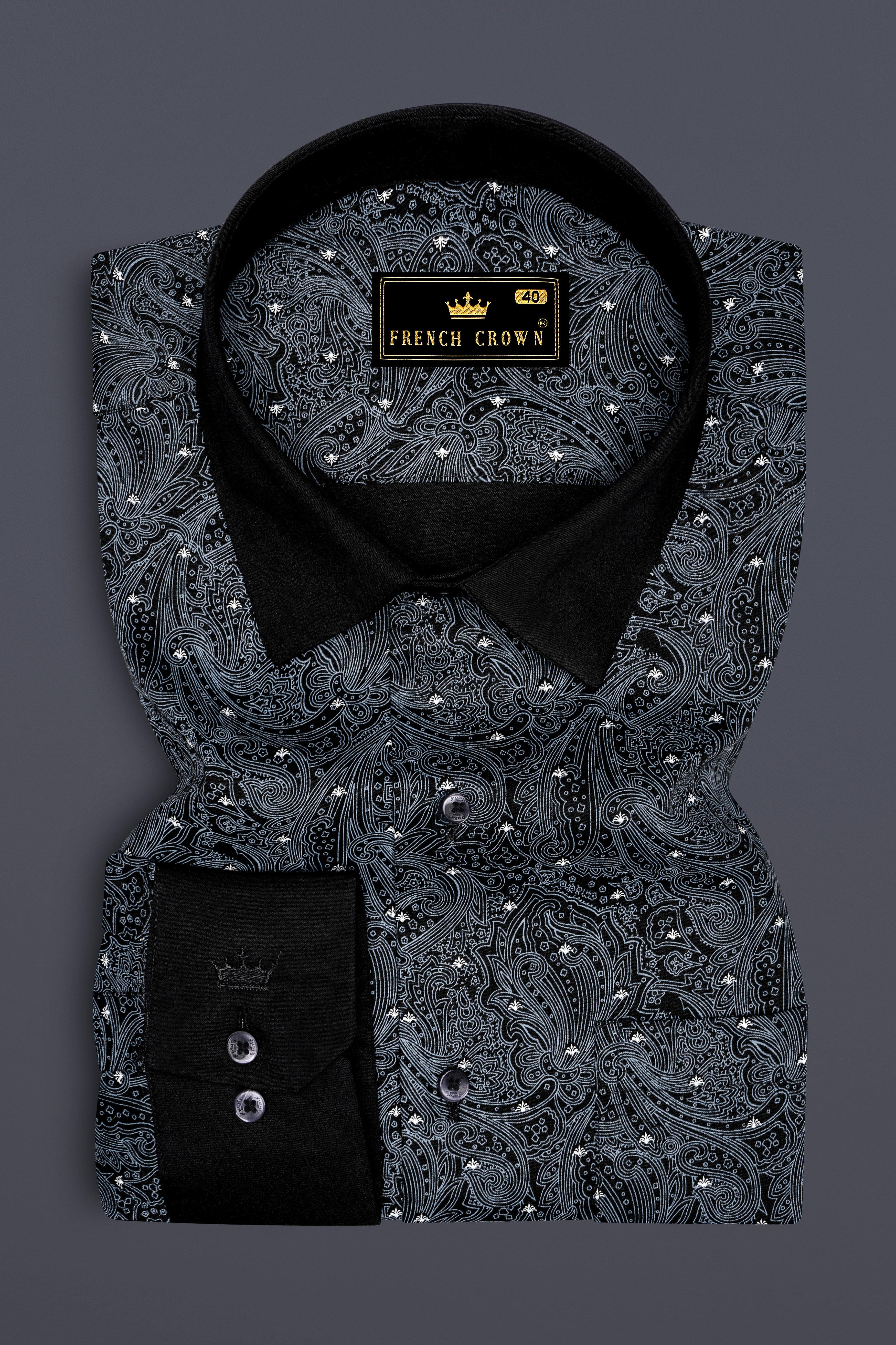 Shadique-Jade Black Paisleys Printed Subtle Sheen Super Soft Premium Cotton Semi Formal Shirt