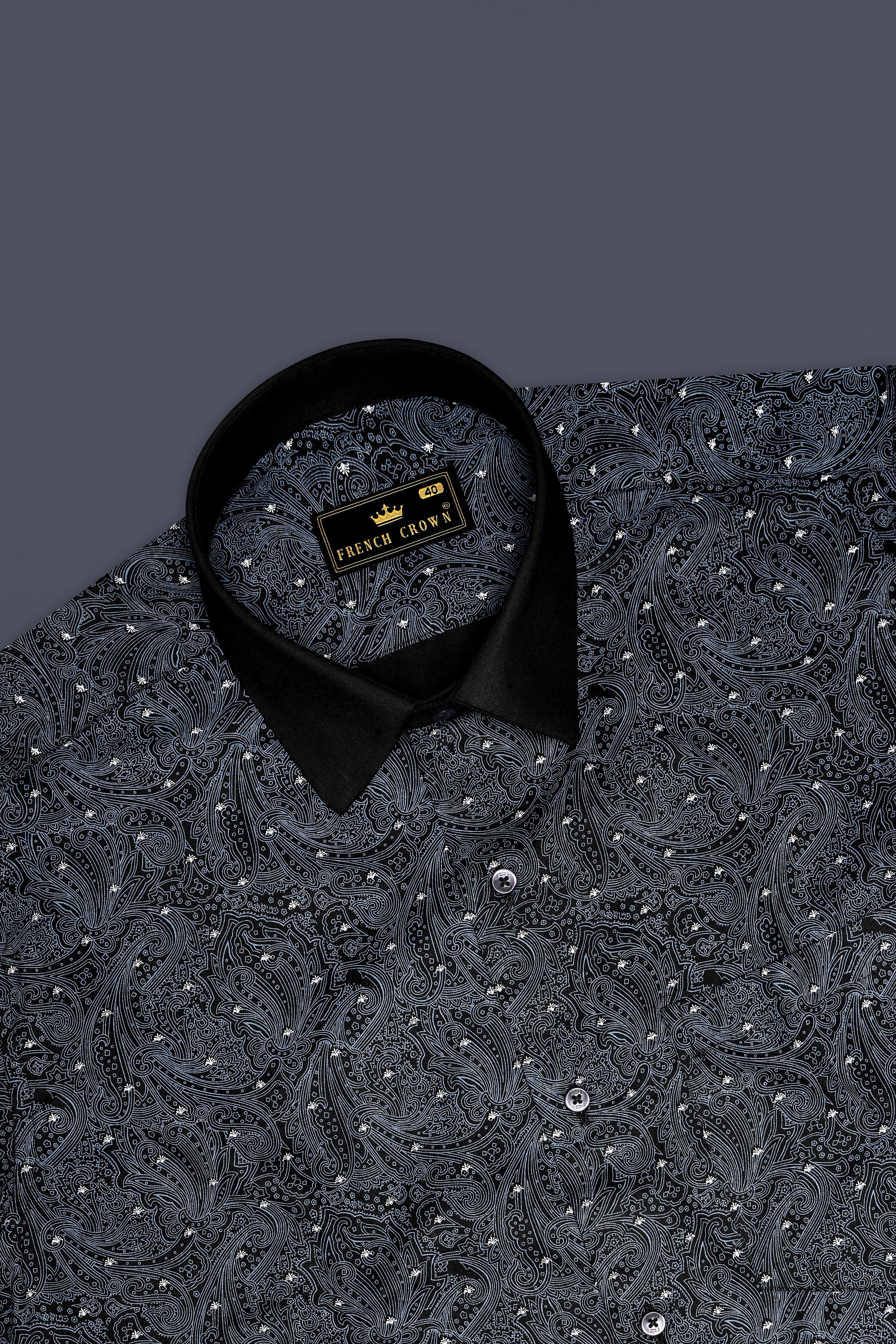 Shadique-Jade Black Paisleys Printed Subtle Sheen Super Soft Premium Cotton Semi Formal Shirt