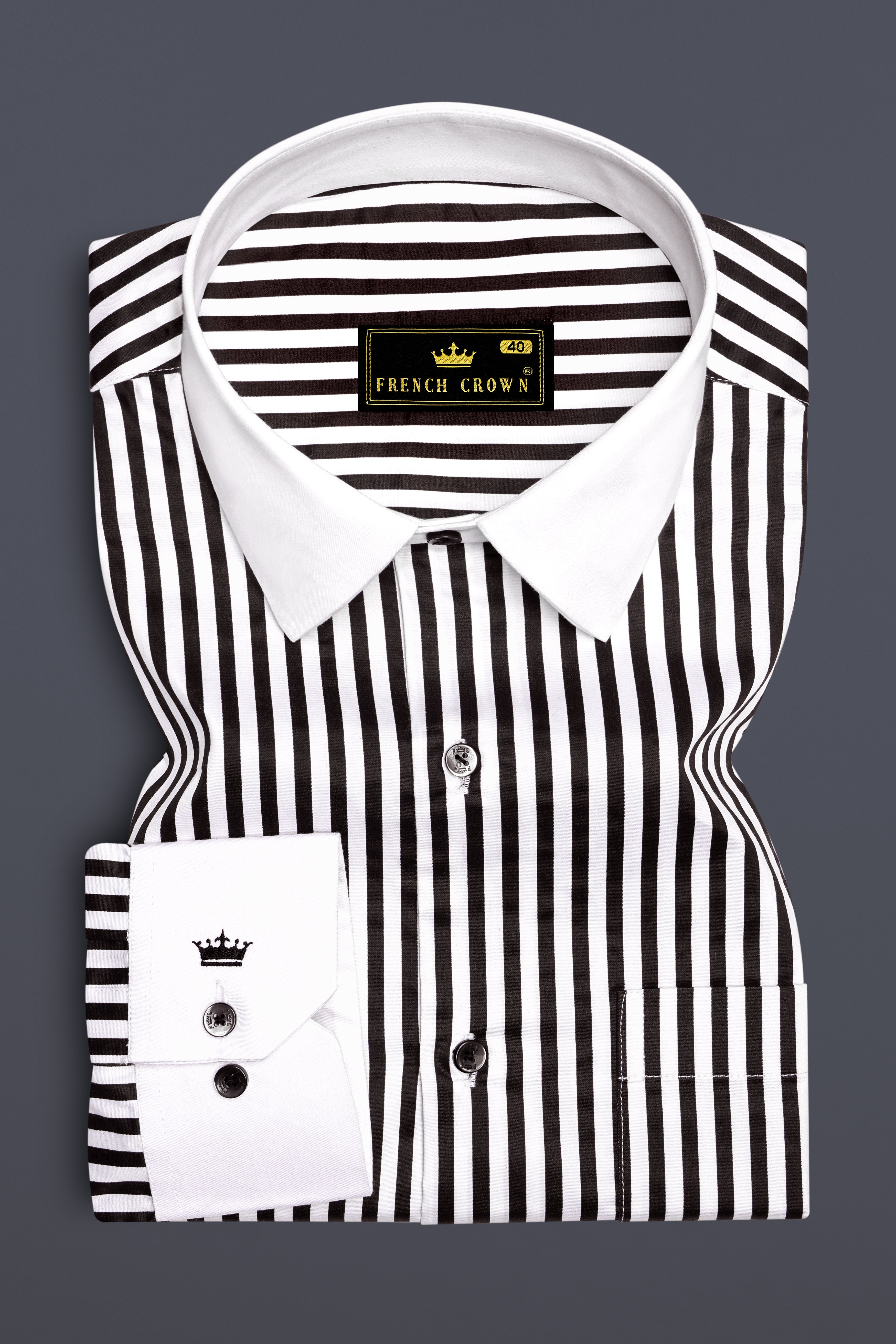 Noirlyn-Jade Black And Bright White Striped Super Soft Premium Cotton Formal White Cuff Collar Shirt
