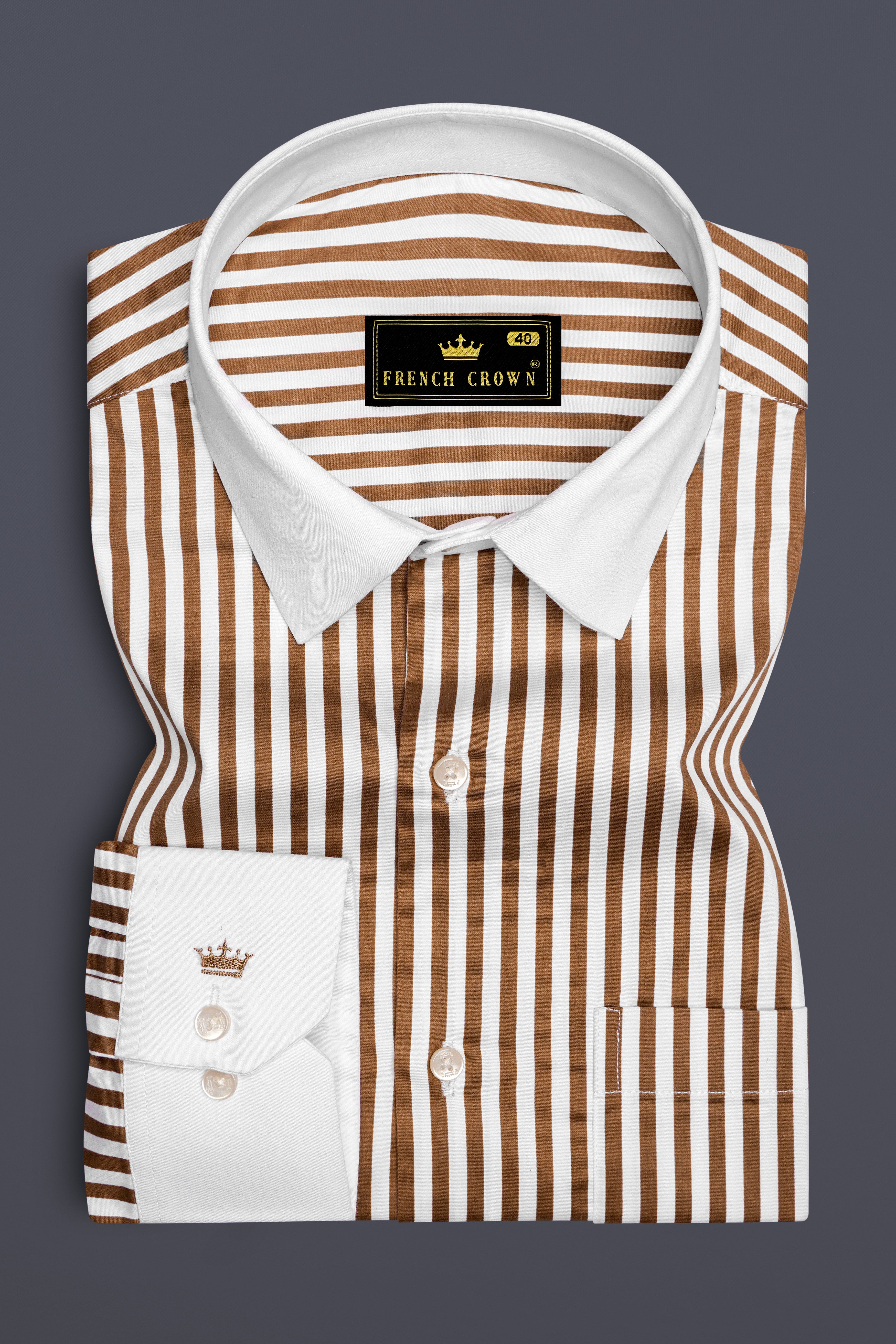 Bralisse-Tawny Brown And Bright White Striped Super Soft Premium Cotton Formal White Cuff Collar Shirt