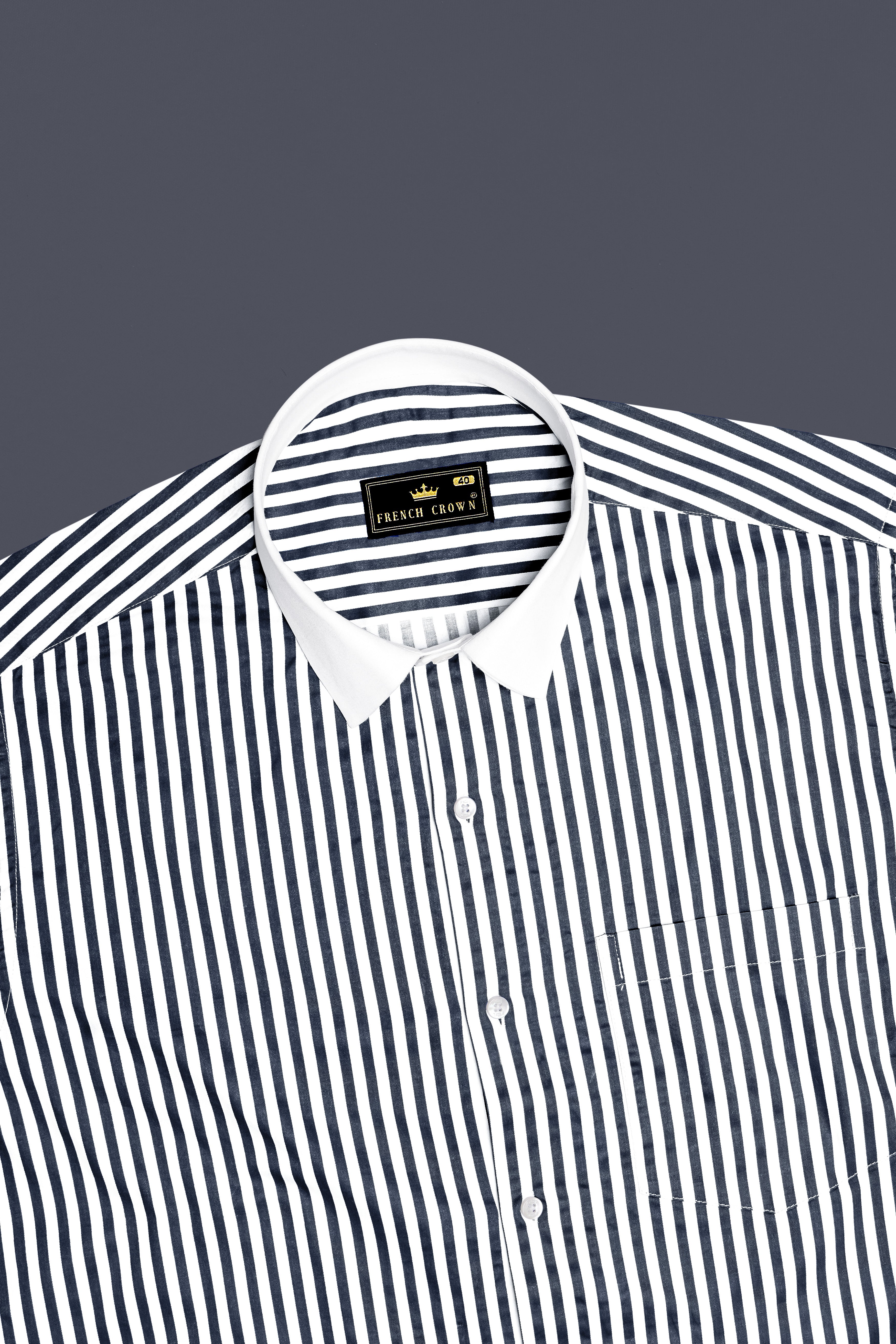 Charvion-Charcoal Gray And Bright White Striped Super Soft Premium Cotton Formal White Cuff Collar Shirt
