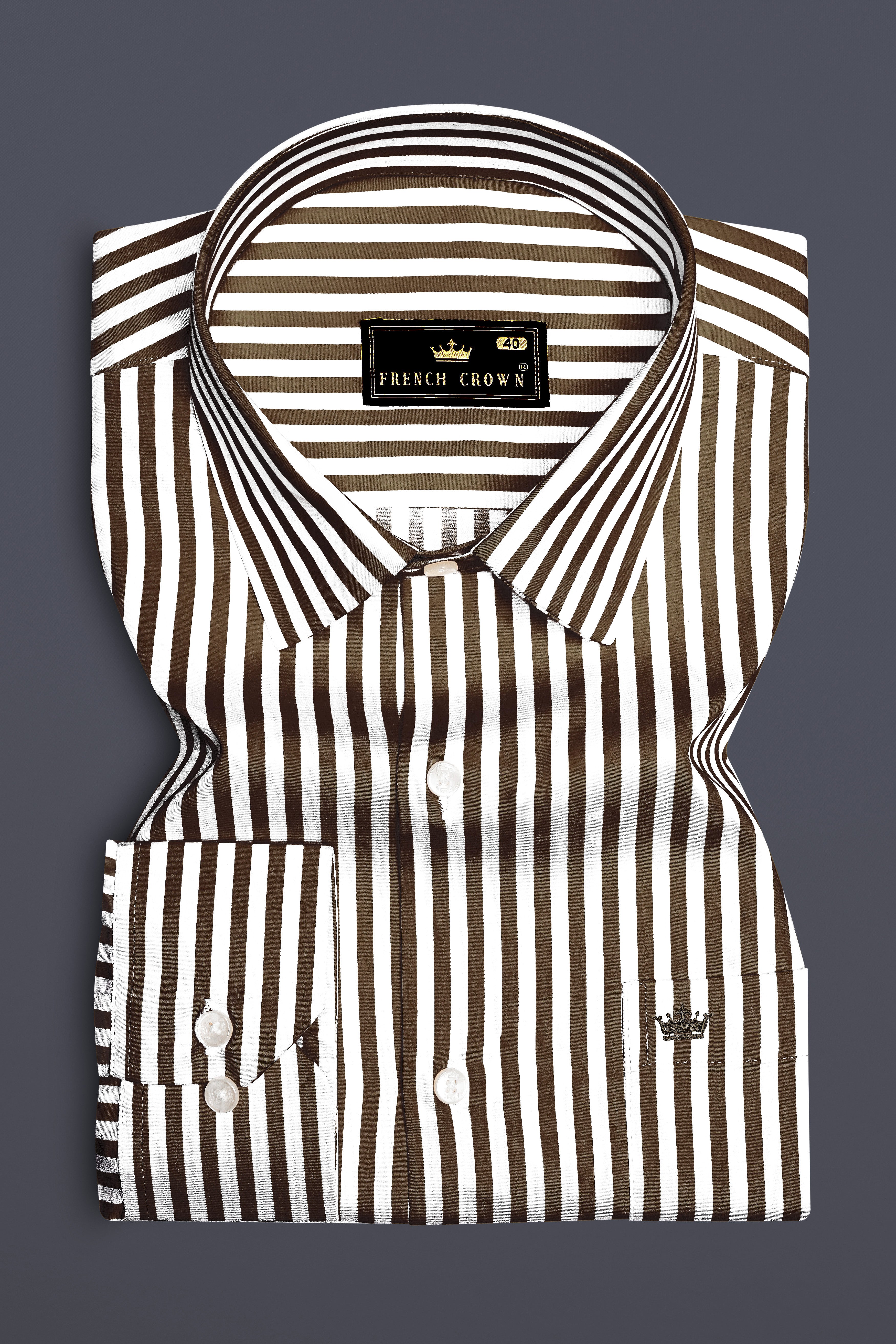 Metavue-Metallic Brown And Bright White Striped Subtle Sheen Super Soft Premium Cotton Dress Shirt