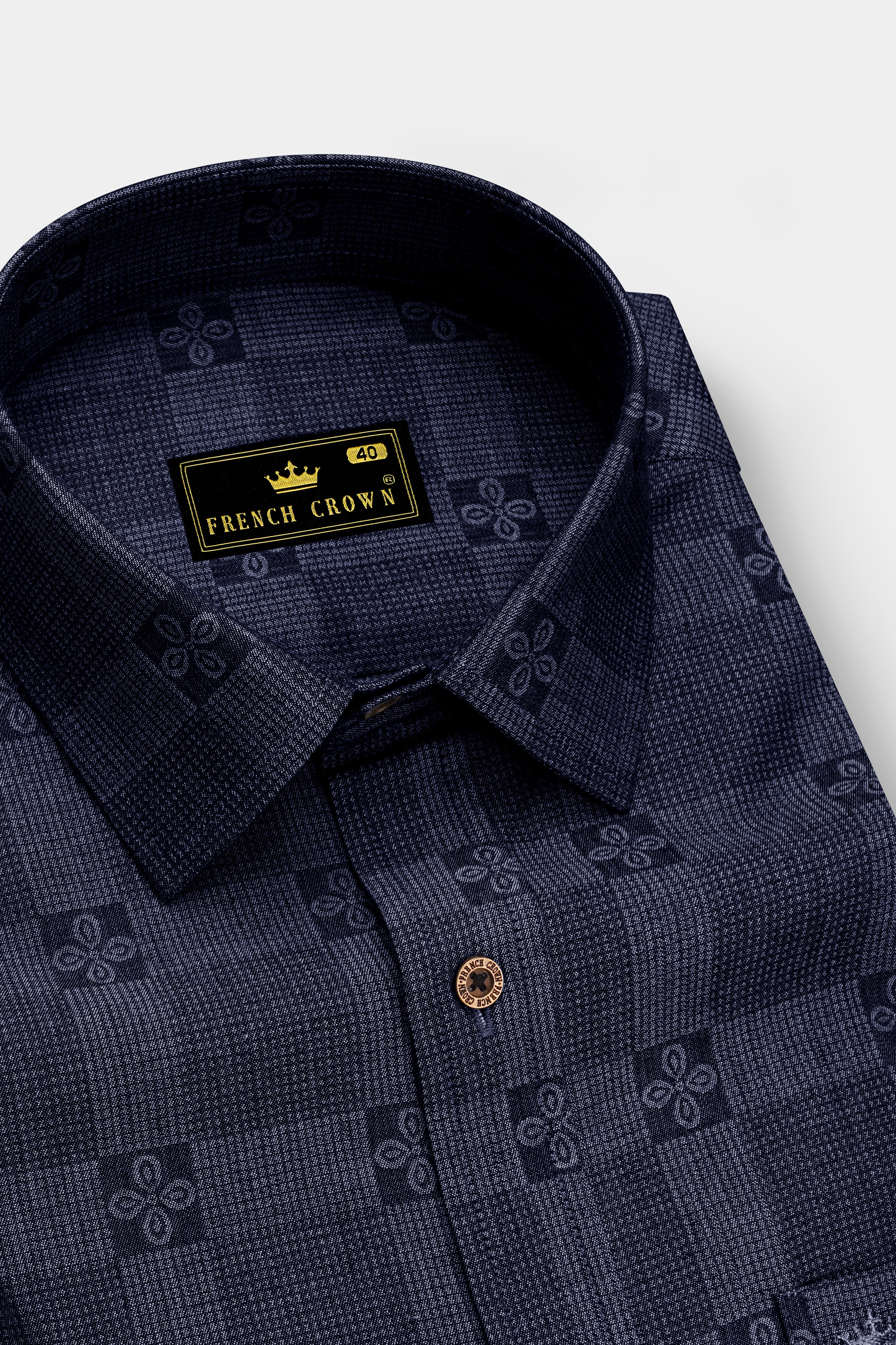Jacrosa-Midnight Denim Blue Floral Check Jacquard Textured Super Soft Premium Cotton Casual Shirt