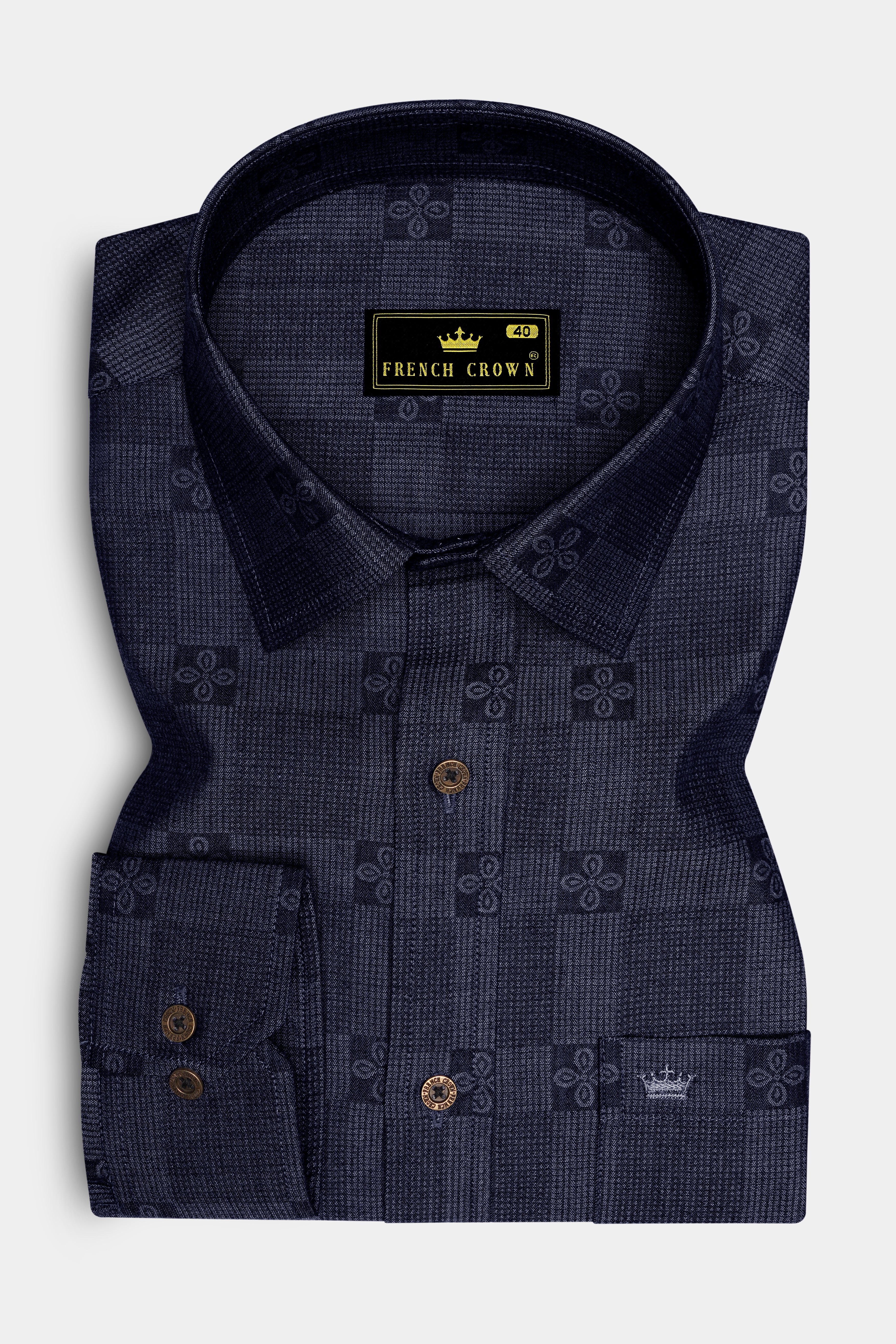 Jacrosa-Midnight Denim Blue Floral Check Jacquard Textured Super Soft Premium Cotton Casual Shirt