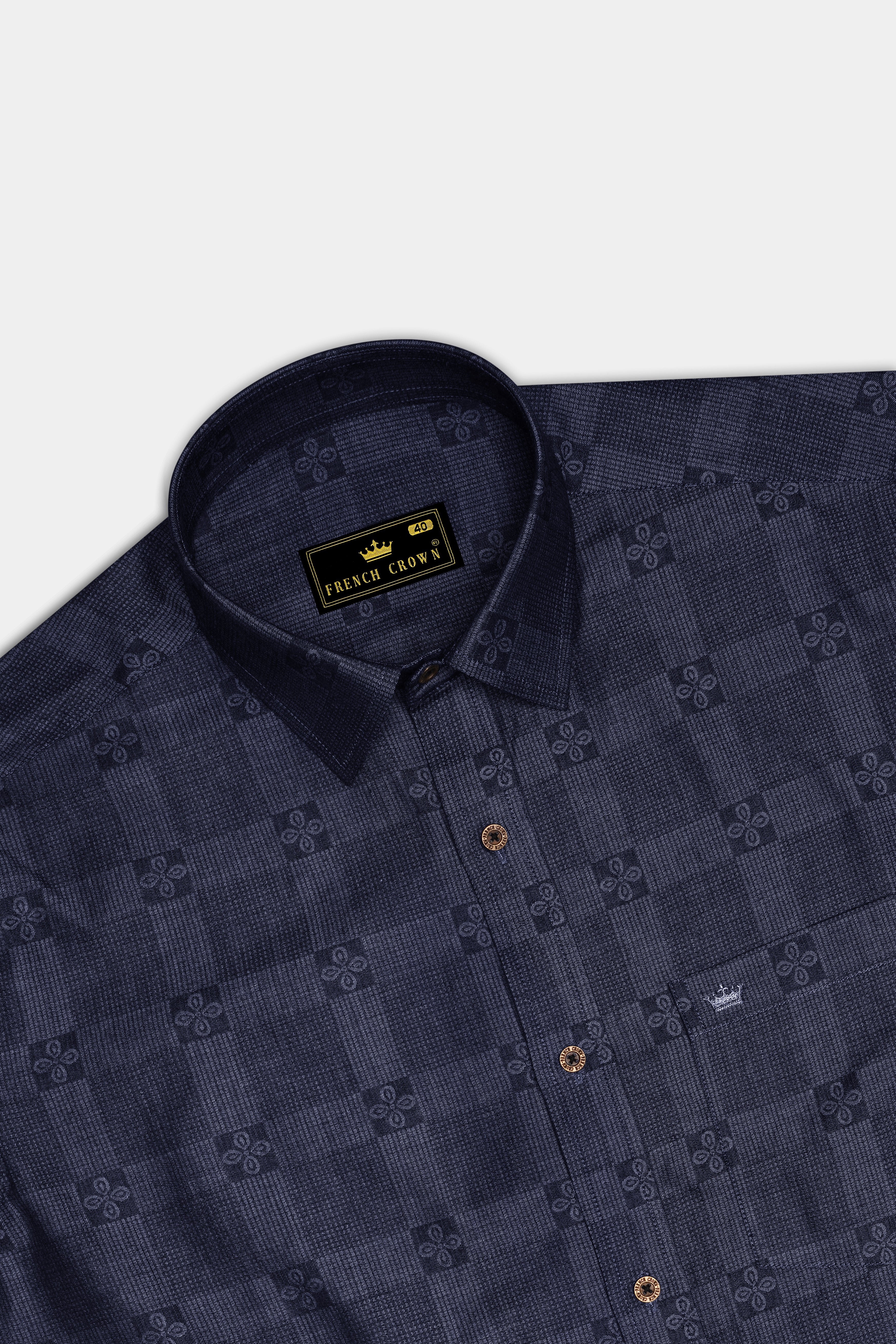 Jacrosa-Midnight Denim Blue Floral Check Jacquard Textured Super Soft Premium Cotton Casual Shirt