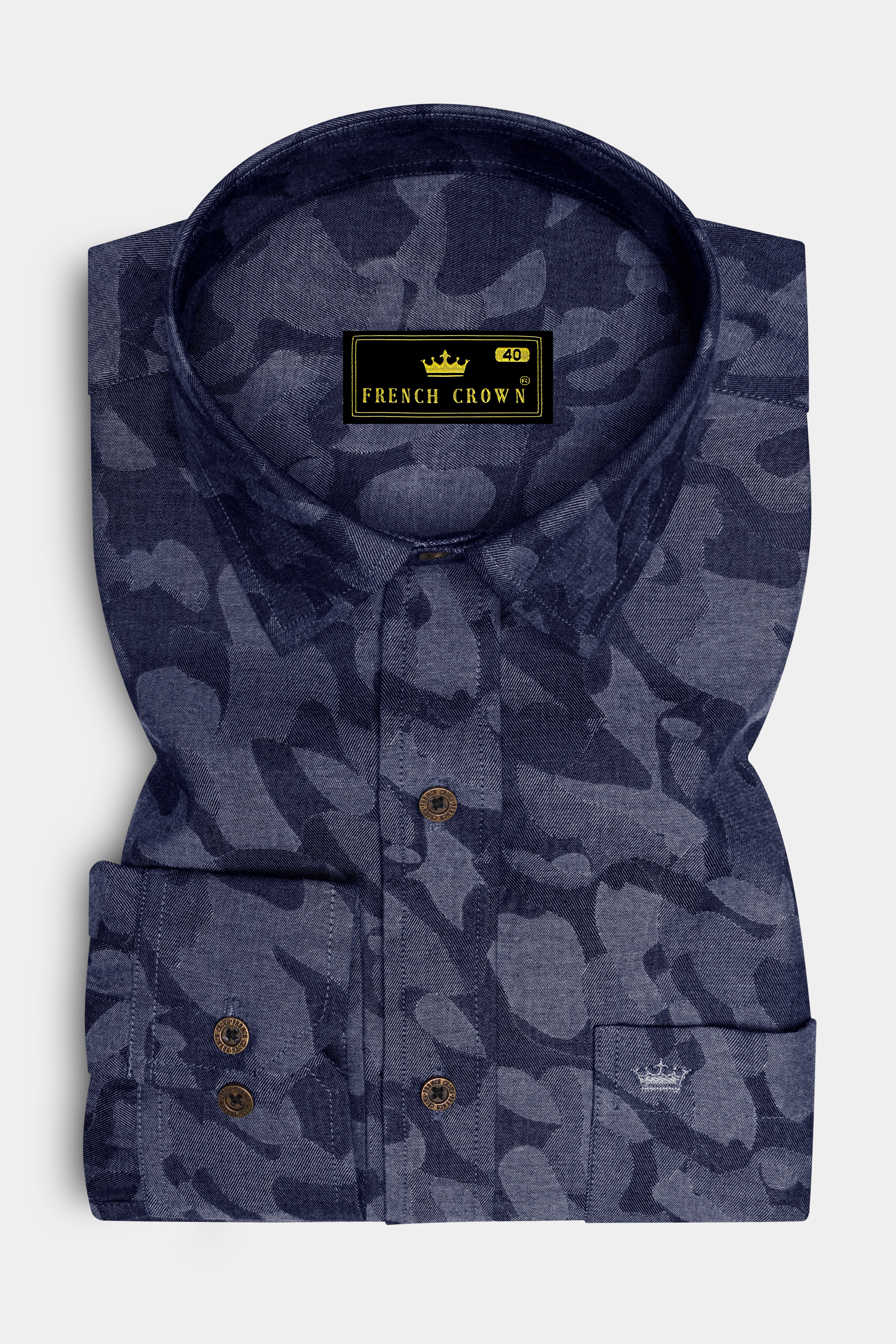 Denicrest-Sapphire Denim Blue Camouflage Printed Super Soft Premium Cotton Casual Shirt