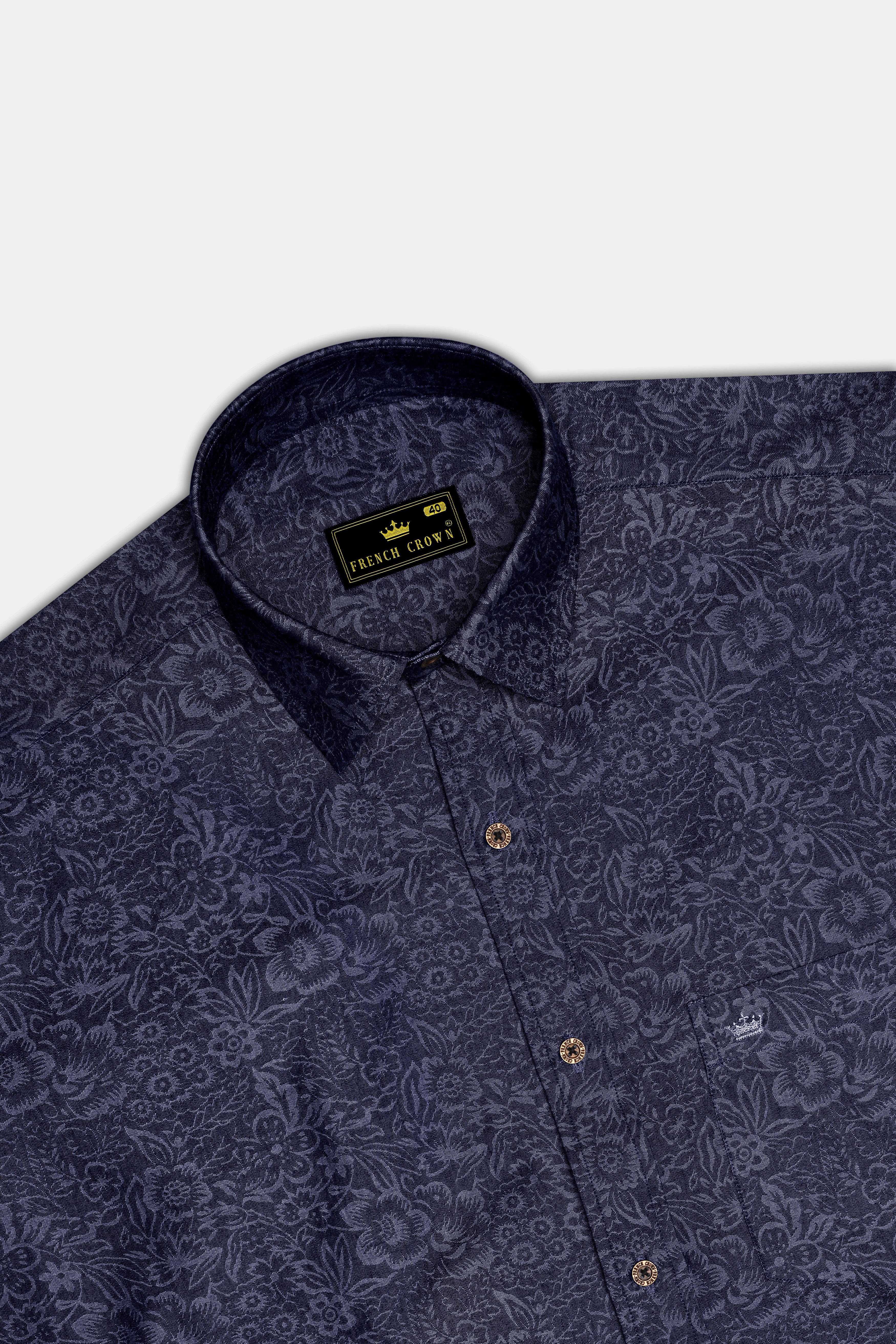 Retrovia-Retro Denim Blue Floral Printed Super Soft Premium Cotton Casual Shirt